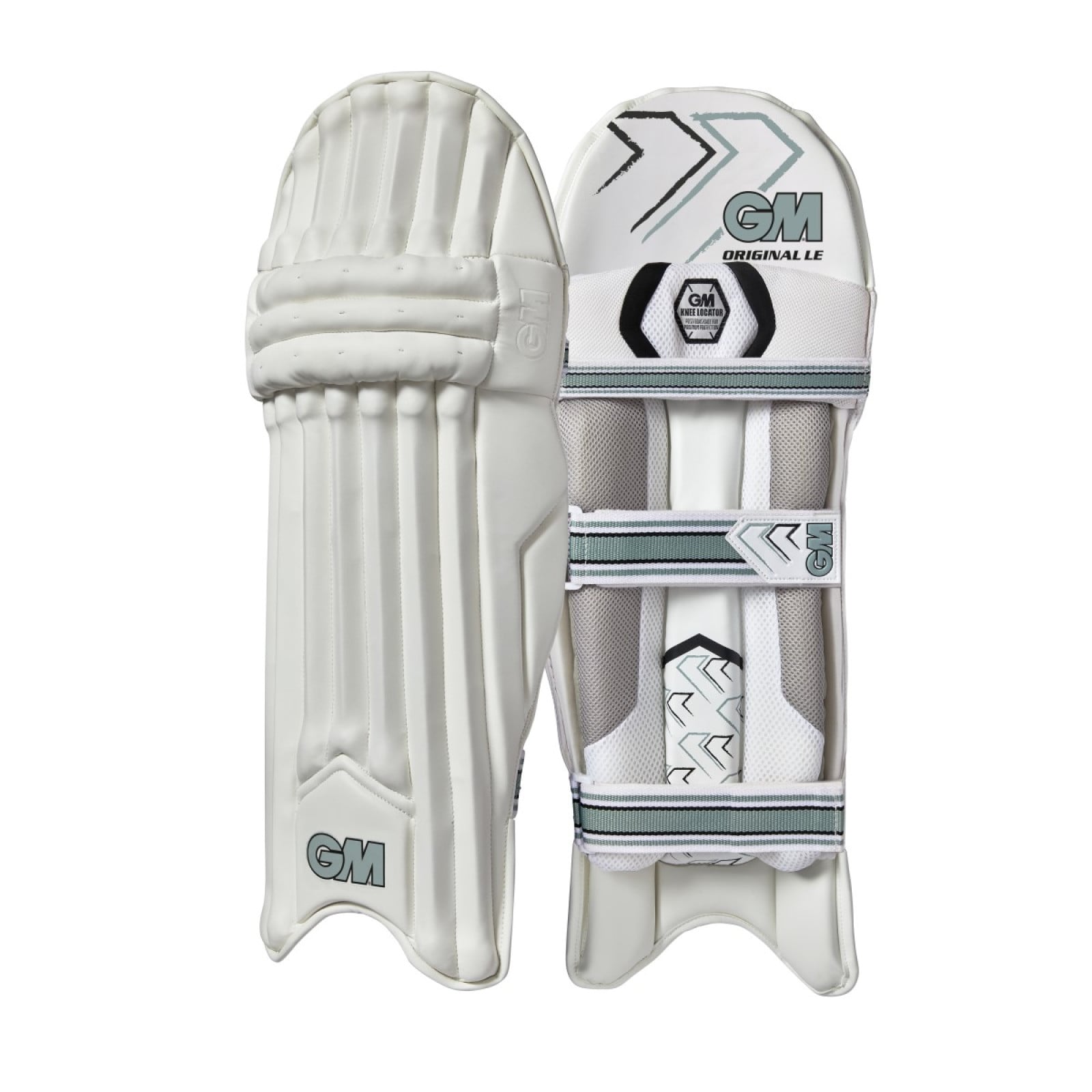 GM Original Limited Edition Cricket Pads (2024), white pair shown front and back with grey and black chevron trim