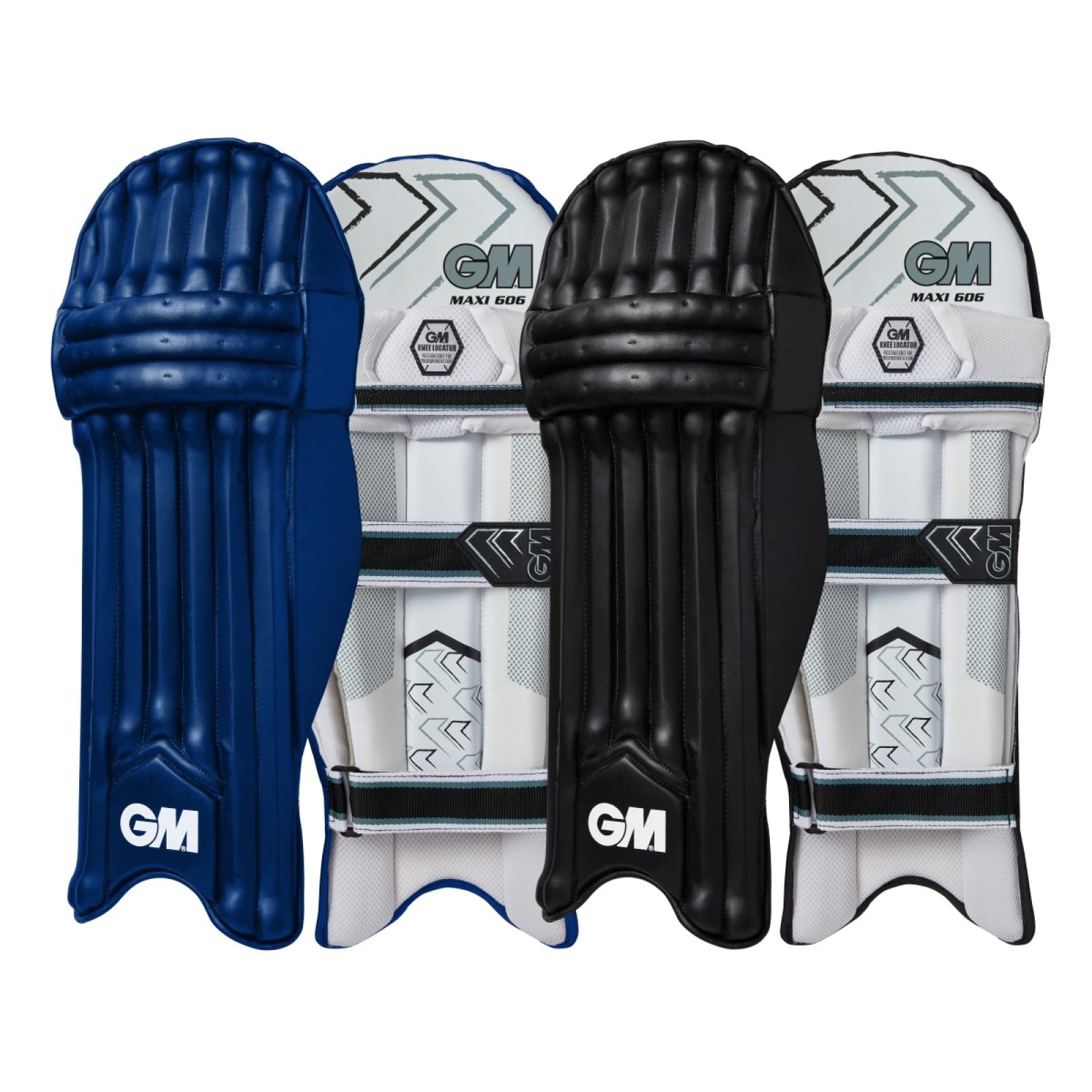 GM Maxi 606 Black Cricket Pads (2024) shown front and side, alongside a navy pair, with white GM-branded wings.