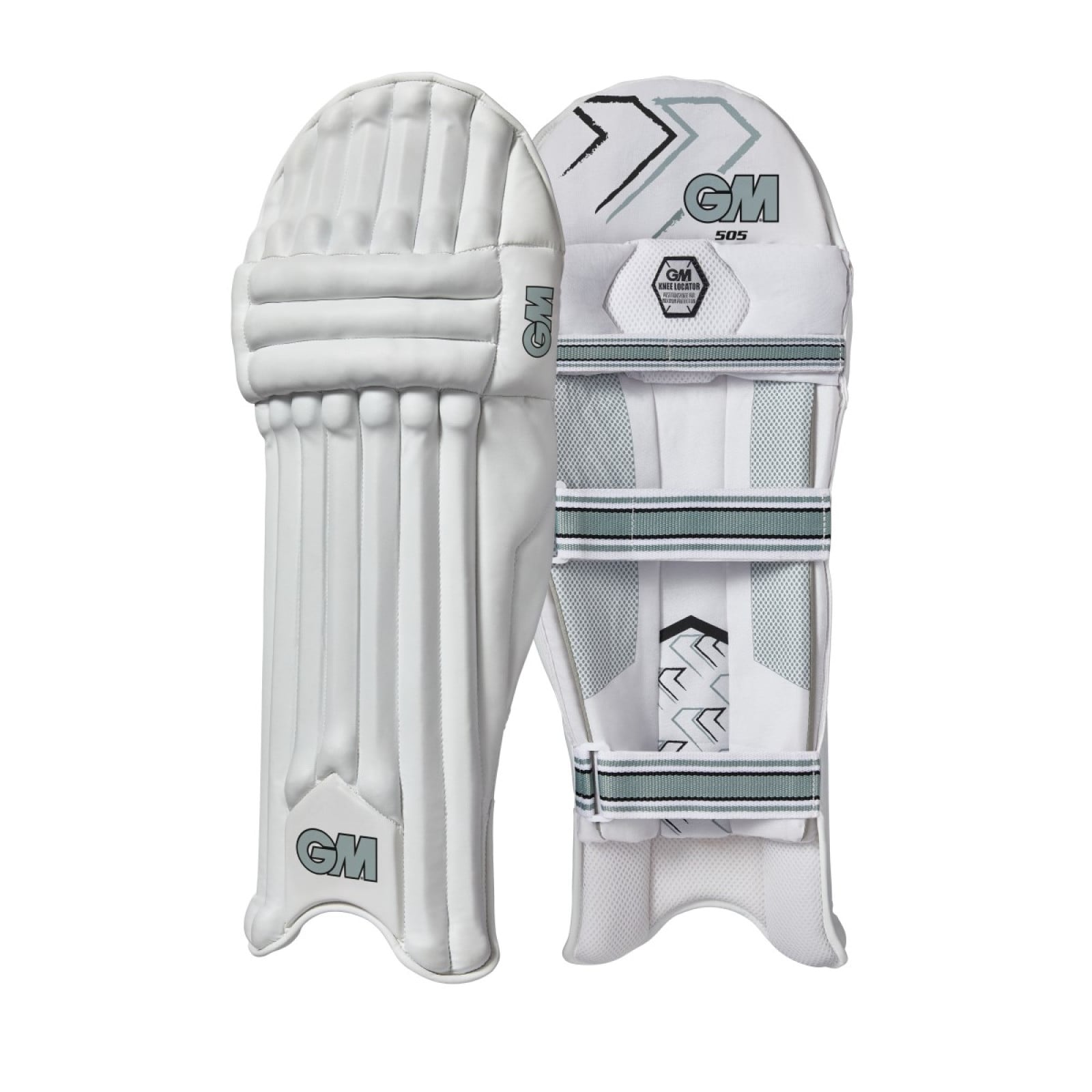 GM 505 Cricket Pads (2024) in white with grey trim, shown from the front and from the back with three straps.