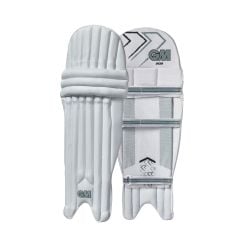GM 202 Cricket Pads (2024) in white with grey and black chevrons, shown in front view and strapped rear view