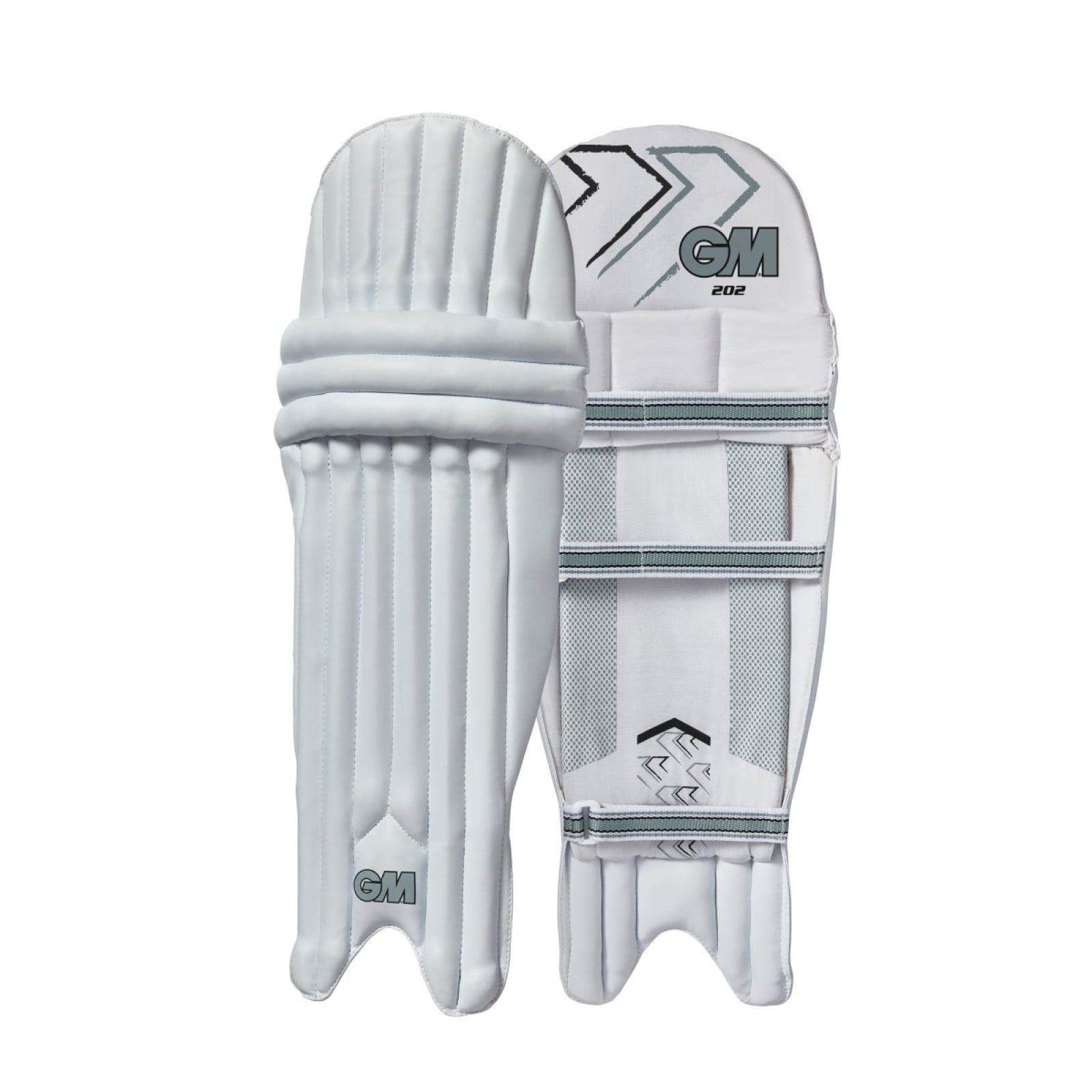 GM 202 Cricket Pads (2024) in white with grey and black chevrons, shown in front view and strapped rear view