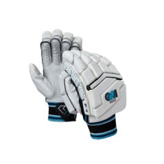 GM Diamond Original Cricket Gloves pair in white, showing palm and padded back with black and blue cuffs
