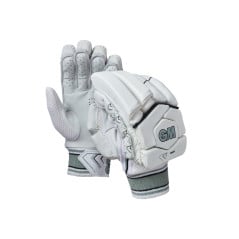GM 808 Cricket Gloves (2024) pair in white with grey wristbands, showing palm and padded back with GM logo.