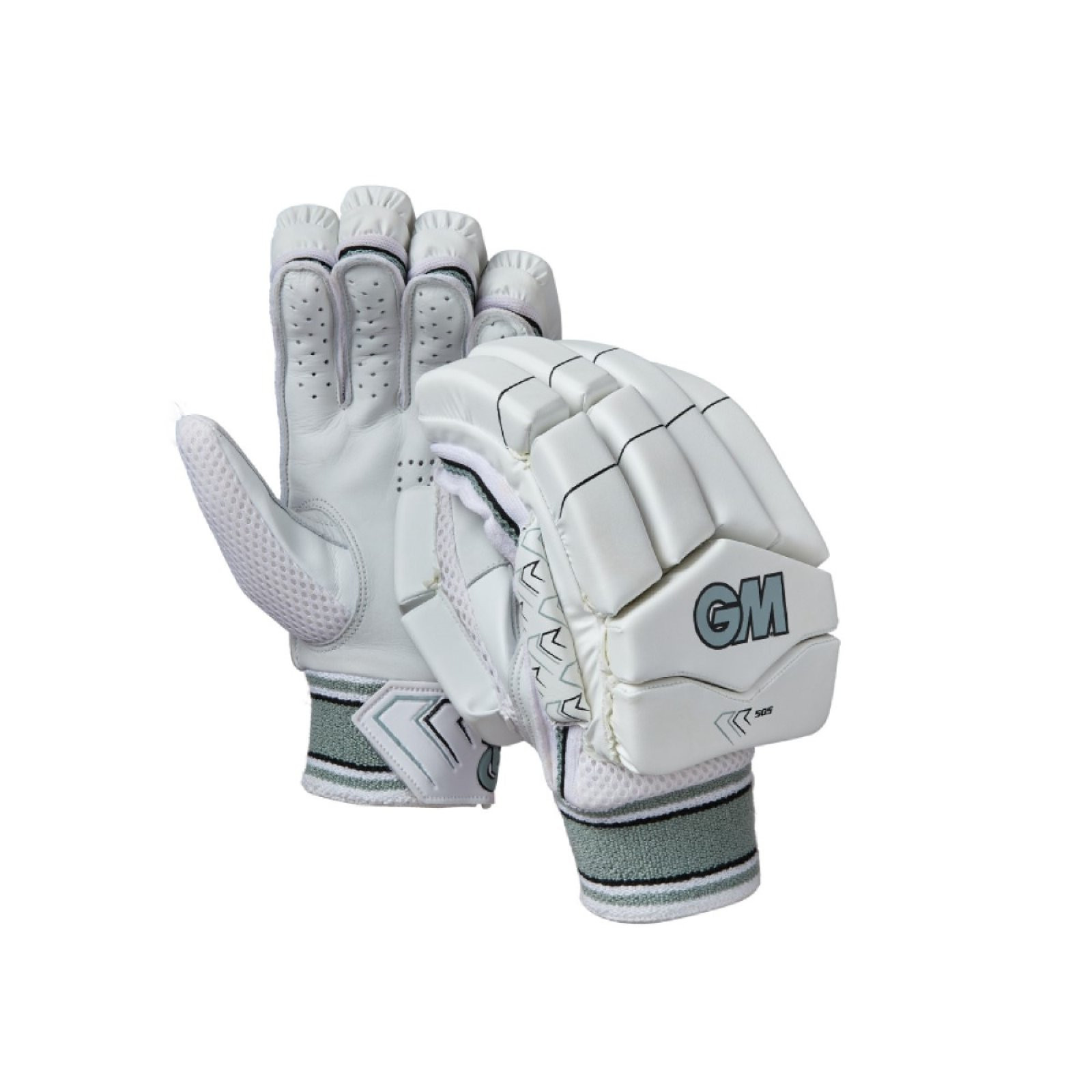 GM 505 Cricket Gloves (2024), white pair showing palm and padded back with GM logo and grey wristbands