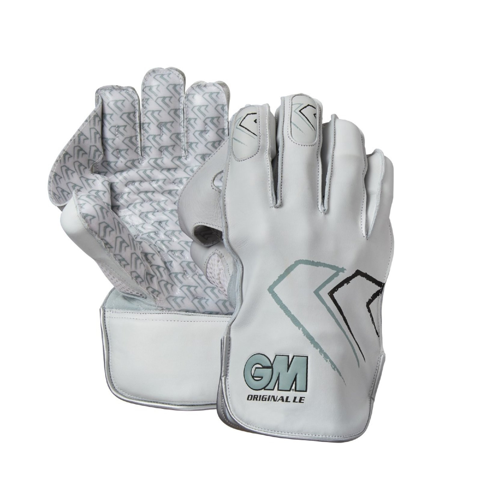 GM Original Limited Edition Wicket Keeping Gloves (2024) - GM Original Limited Edition 2024 wicket keeping gloves in white, showing grey chevron palm grip and GM logo on back.