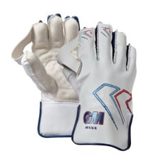 GM Mana Wicket Keeping Gloves pair showing textured palm and white back with blue and red graphics and navy trim.