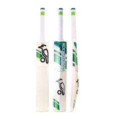 Kookaburra Kahuna 7.1 Junior Cricket Bat shown from face, back and side with green and teal graphics and white grip.