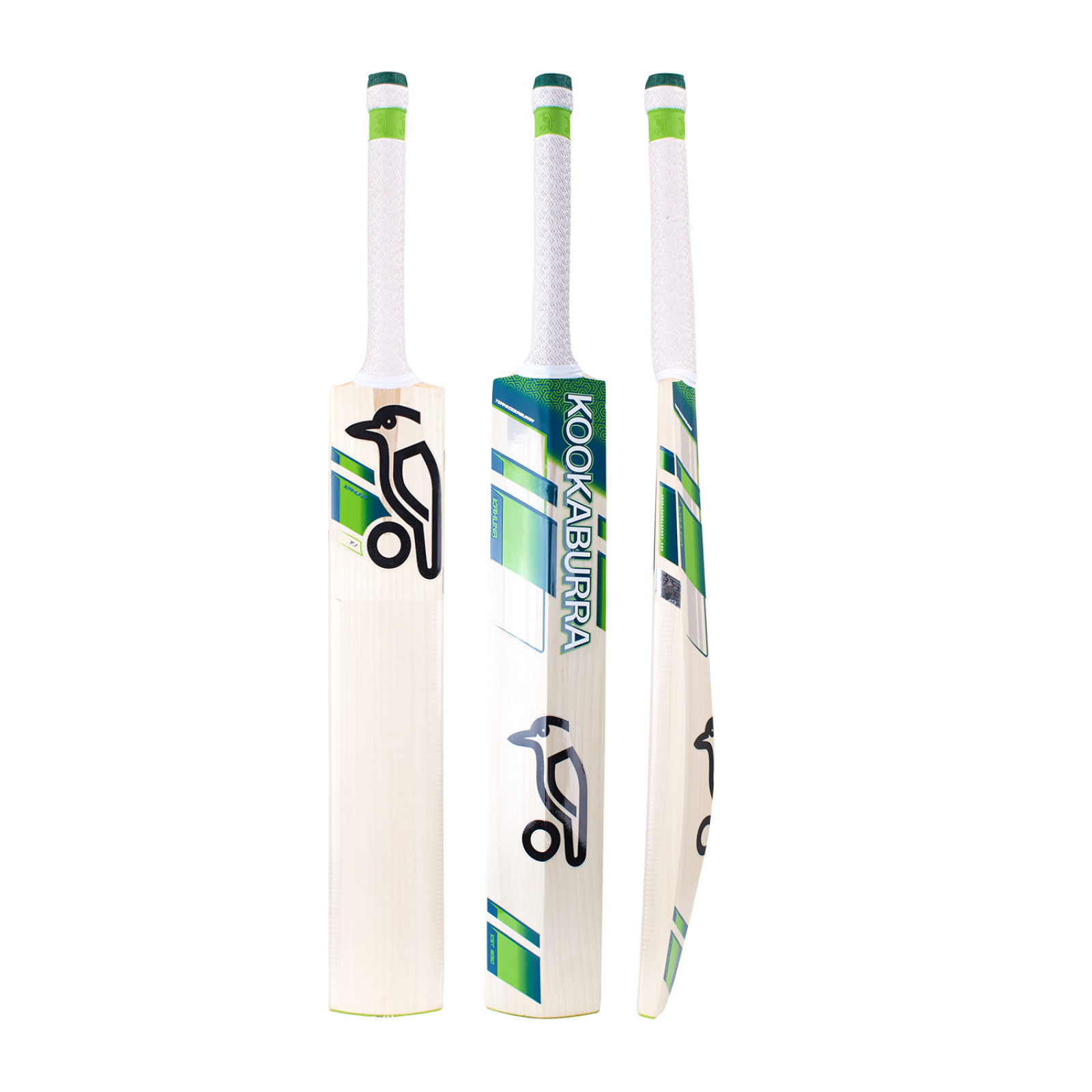 Kookaburra Kahuna 7.1 Junior Cricket Bat (2024) - Kookaburra Kahuna 7.1 Junior Cricket Bat shown from face, back and side with green and teal graphics and white grip.