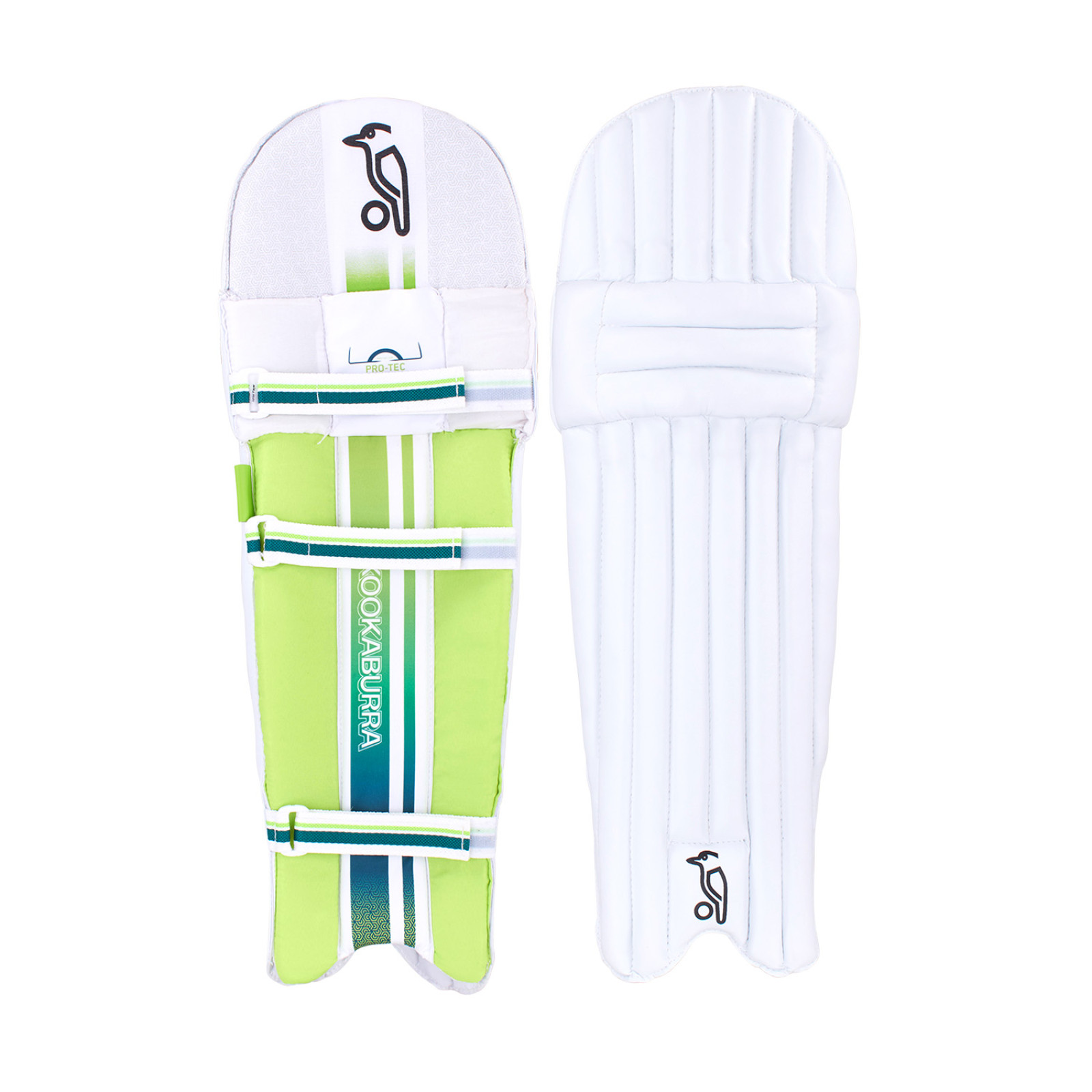 Kookaburra Kahuna 6.1 Cricket Pads (2024): white front view beside back view with lime green lining and straps.