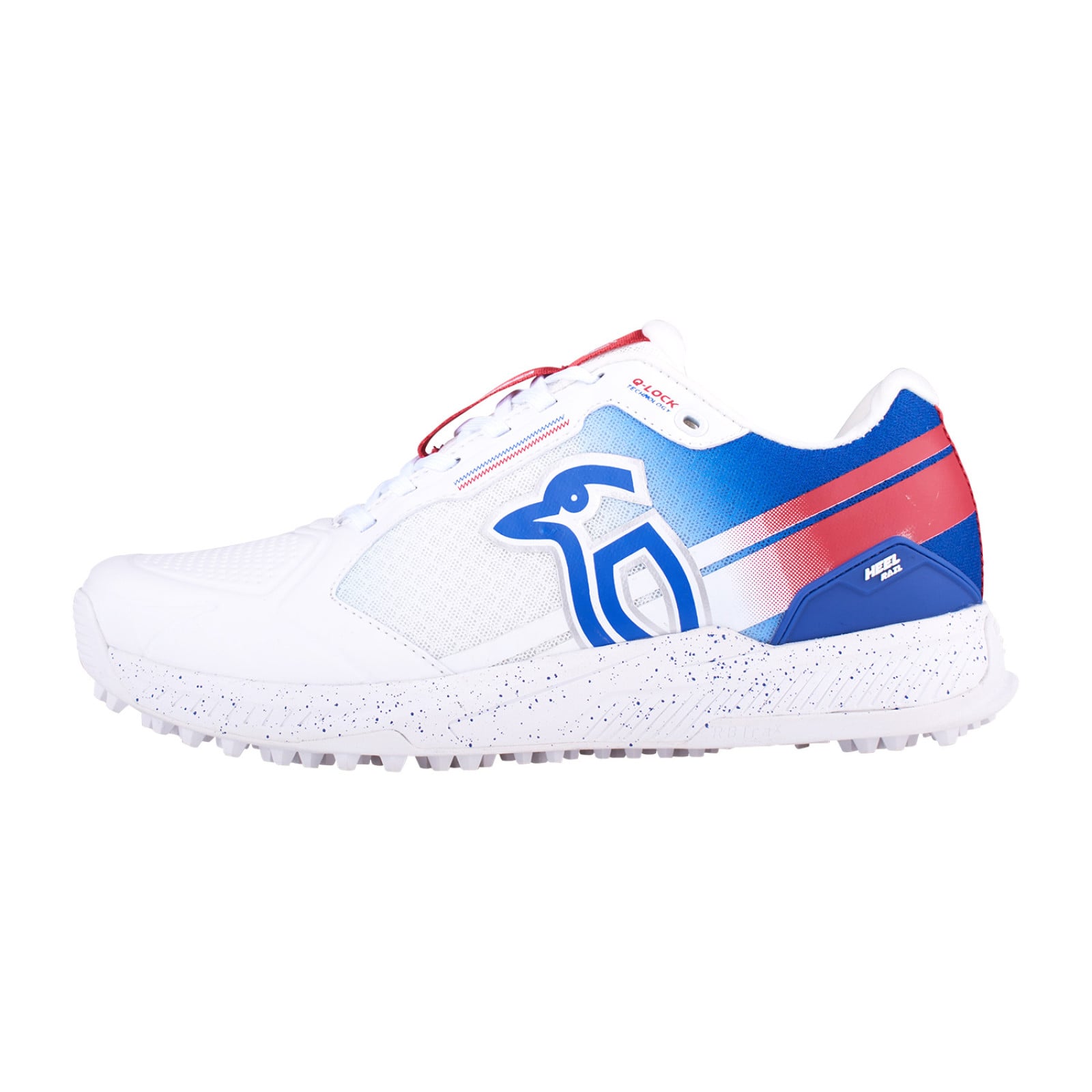 Kookaburra KC 1.0 Rubber Cricket Shoes - White/Blue/Red (2024) - Close-up