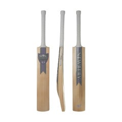 Newbery Velo GT 5 Star Junior Cricket Bat shown front, side and back, with grey and purple stickers and white grip