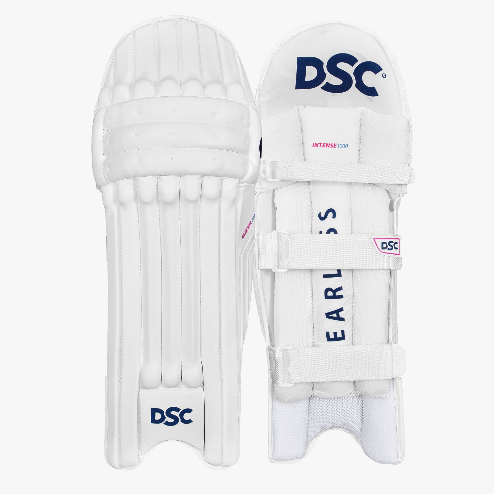 DSC Intense 3000 Cricket Pads (2024) in white with navy logos, front and back views showing the straps.