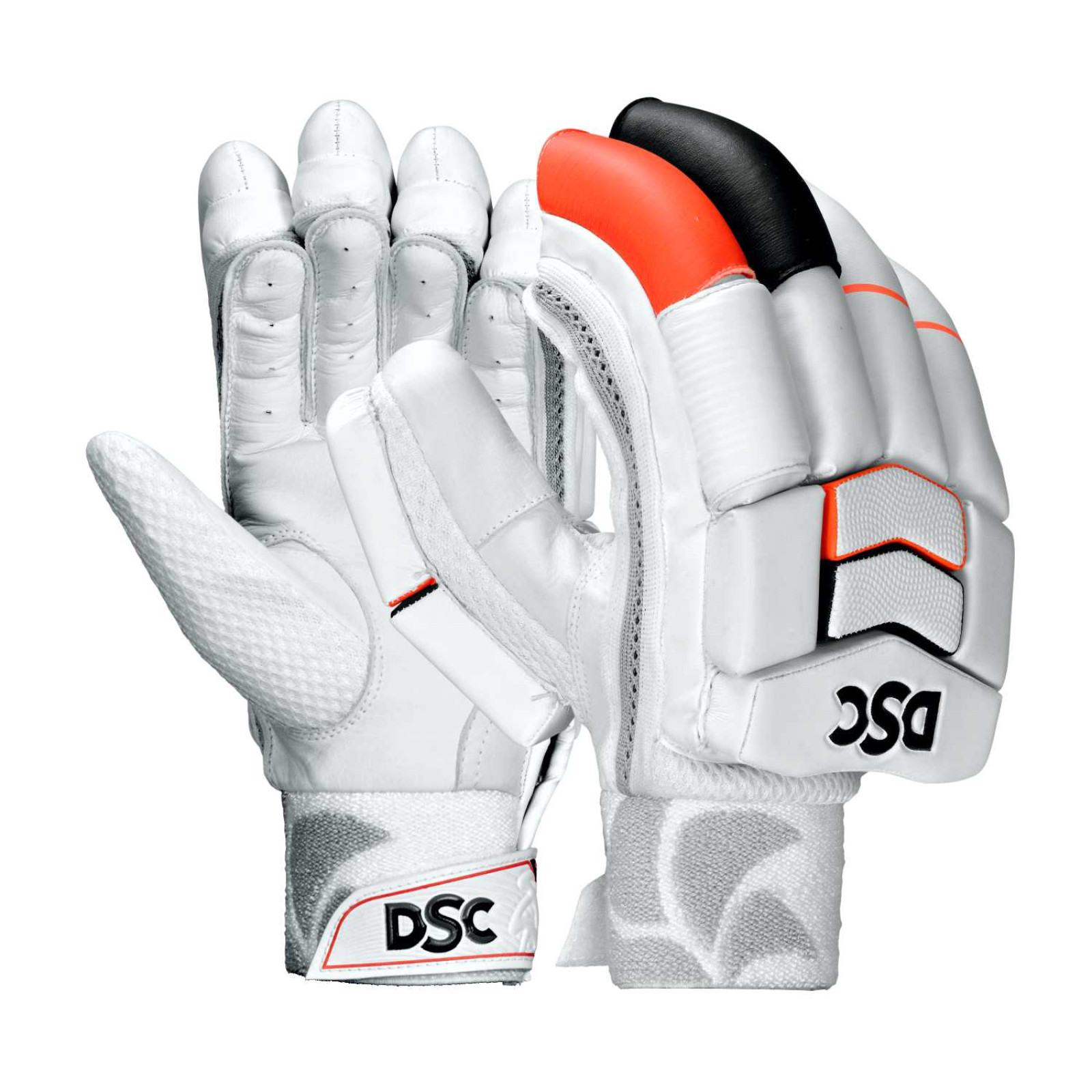 DSC Xlite 5.0 Cricket Gloves (2023) pair in white with orange and black finger tips, showing palm and padded back.