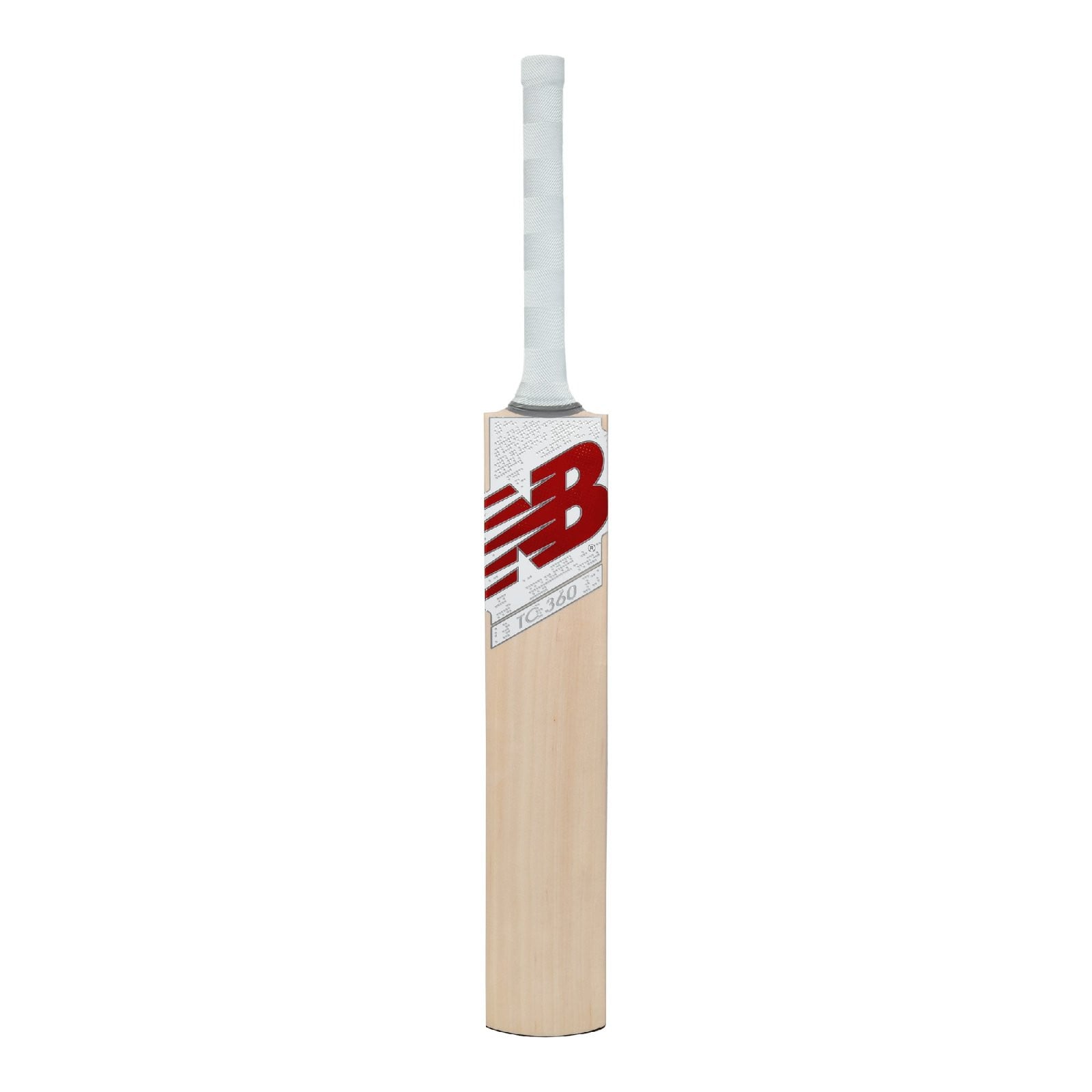 New Balance TC 360 Junior Cricket Bat (2024) front view with red NB logo, silver graphics and white grip