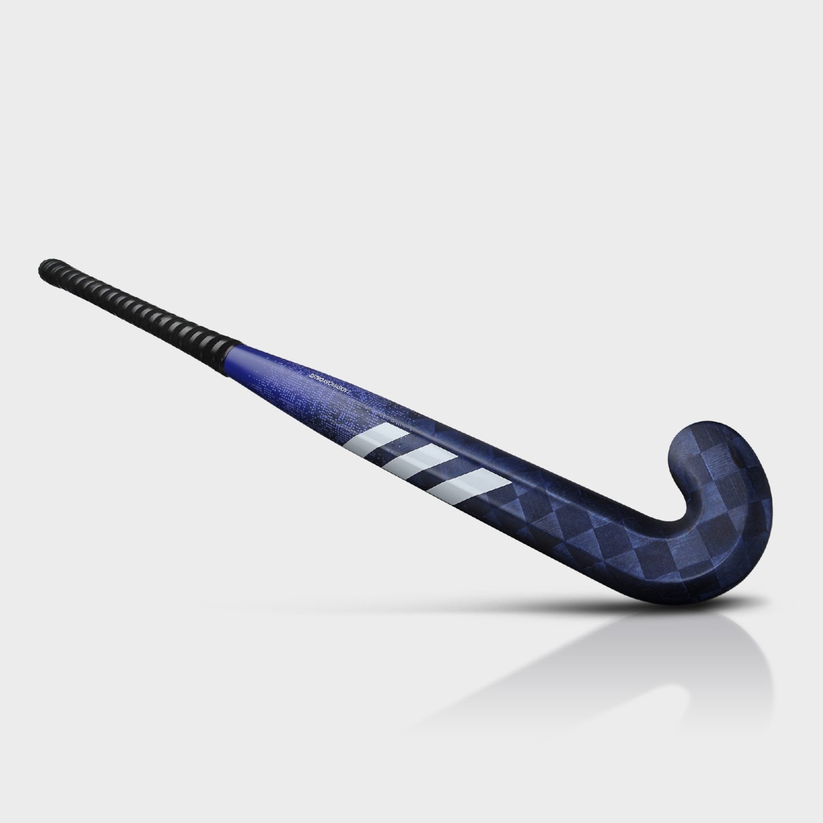 Adidas Estro Kromaskin .1 Hockey Stick (2024/25) - Adidas Estro Kromaskin .1 hockey stick full length at an angle, blue checkerboard finish, white stripes, black grip.