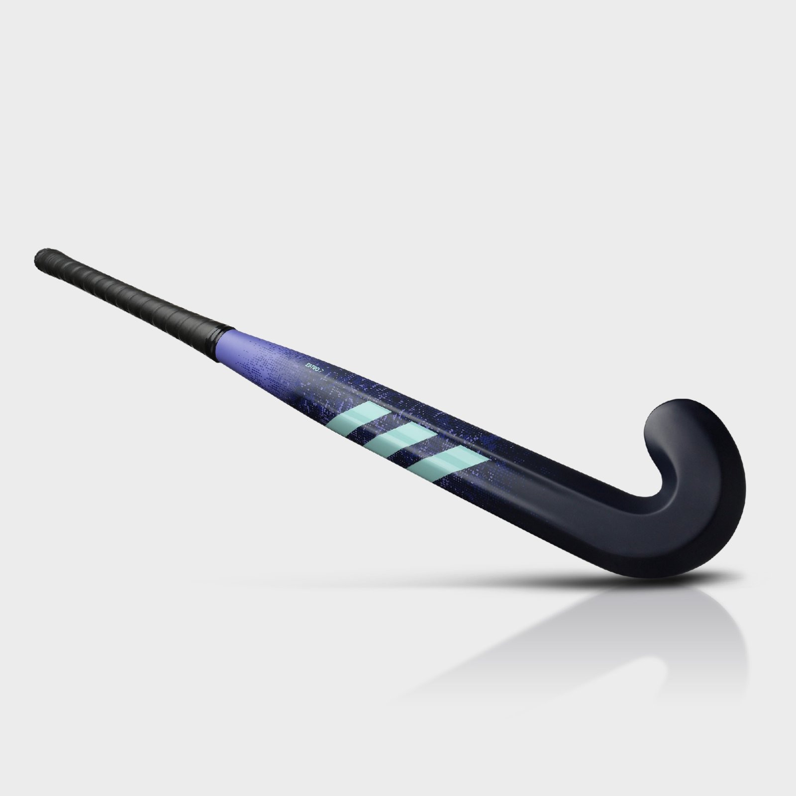 Adidas Estro .7 Hockey Stick (2024/25) at an angle, full length, in navy and purple with mint stripes and black grip.