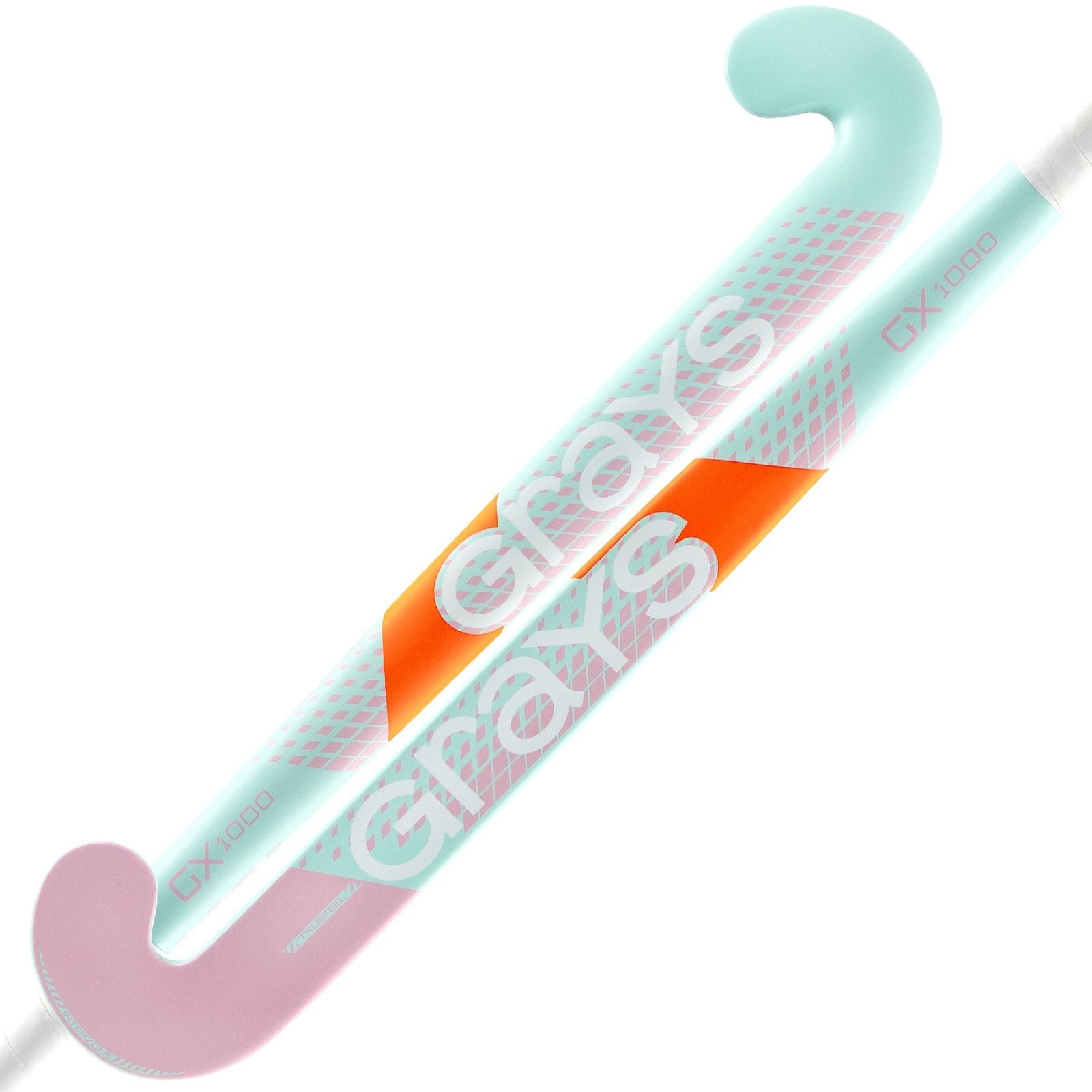 Grays GX1000 Ultrabow Junior Hockey Stick - Mint/Pink (2024/25) - Grays GX1000 Ultrabow Junior Hockey Stick in mint and pink with orange accents, shown in two crossed views.