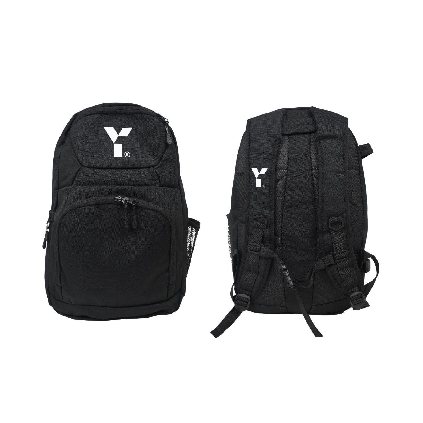 Y1 Explore Backpack -Black (2024/25) - Y1 Explore Backpack in black, front and back views showing white Y logo, mesh side pocket and padded shoulder straps.