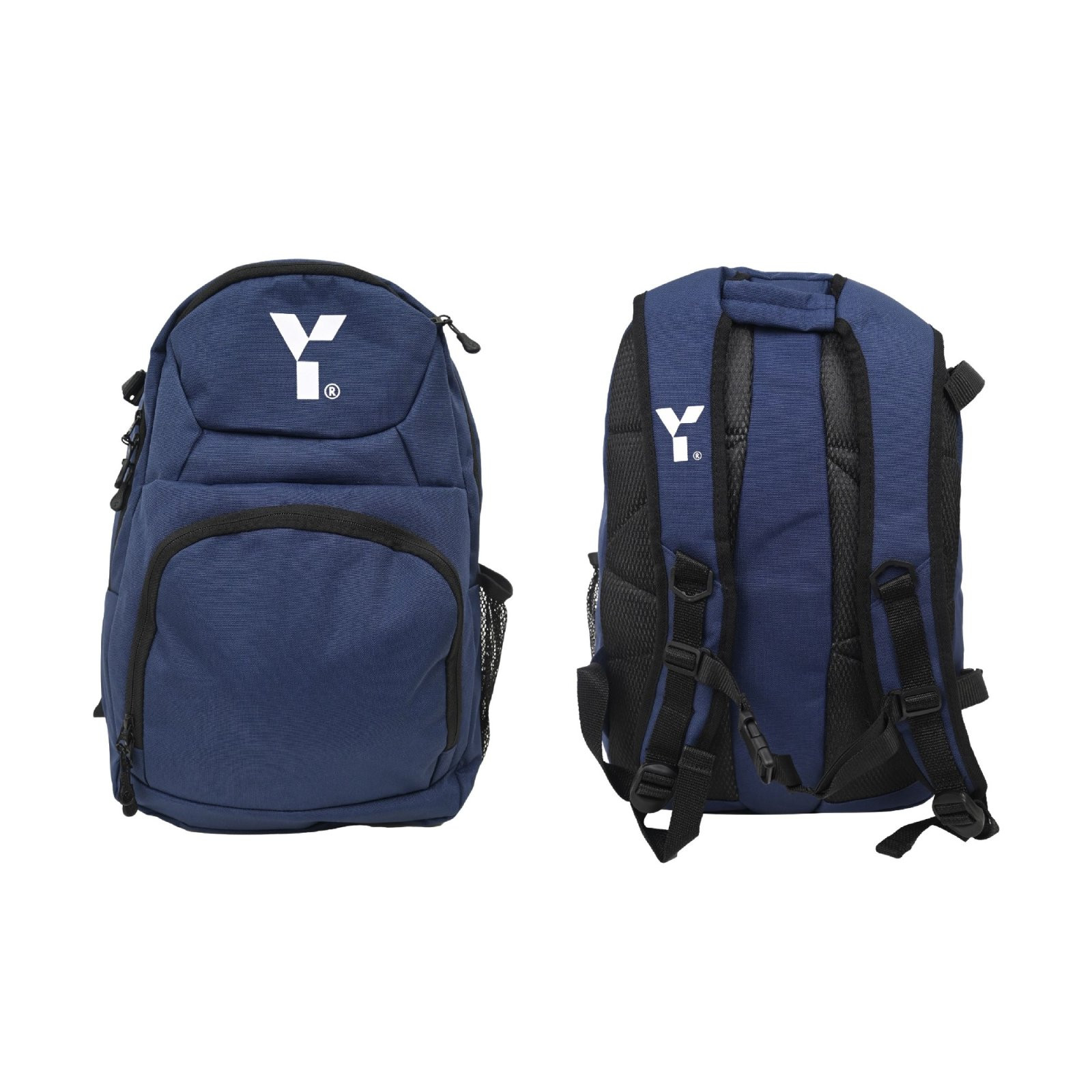 Y1 Explore Backpack - Navy (2024/25) - Y1 Explore Backpack in navy shown from front and back, with white logo, black padded straps and mesh side pocket.