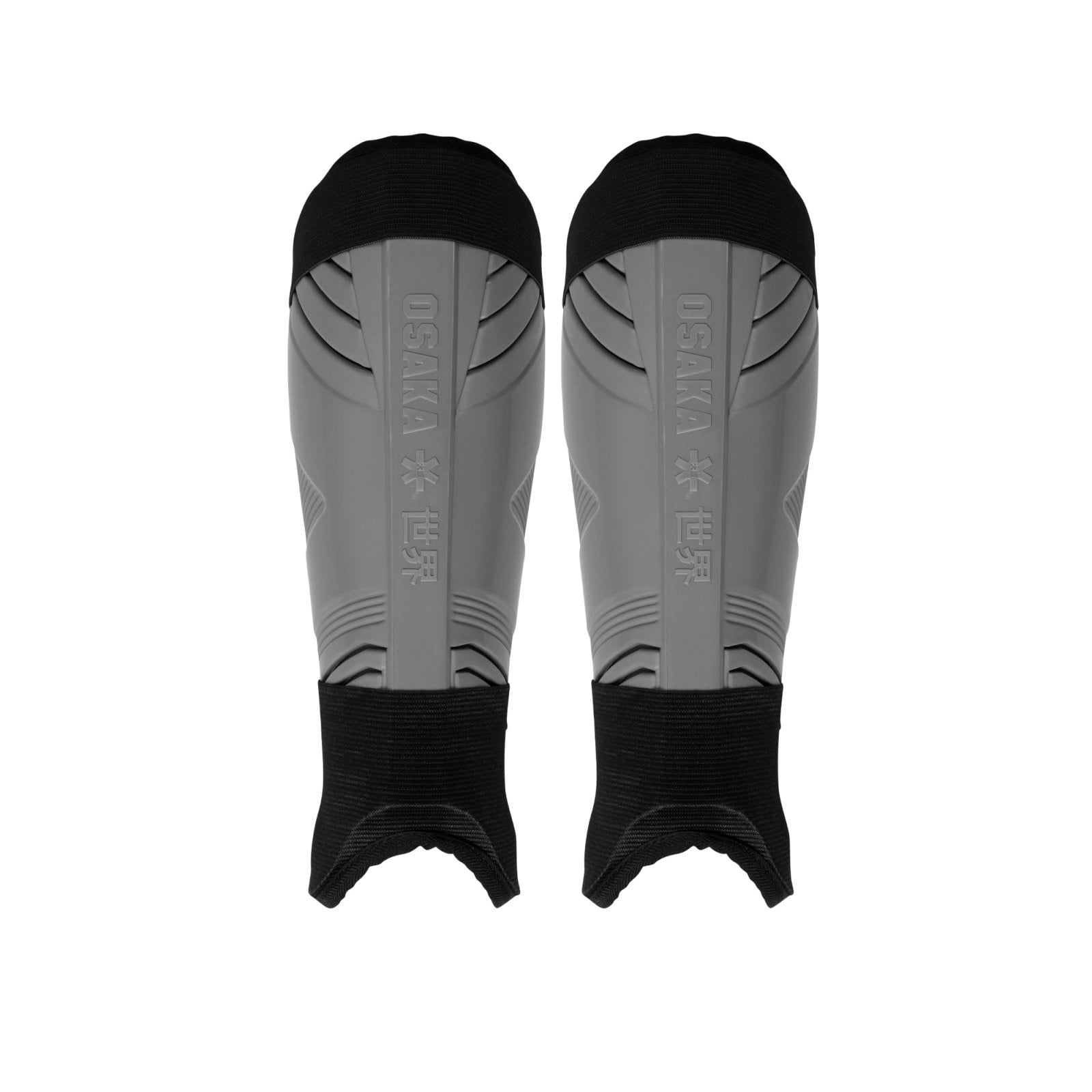 Osaka Hockey Shinguard 2.0 - Grey (2024/25) - Front view of a pair of Osaka Hockey Shinguard 2.0 in grey with black top padding, ankle sleeves and embossed logo.