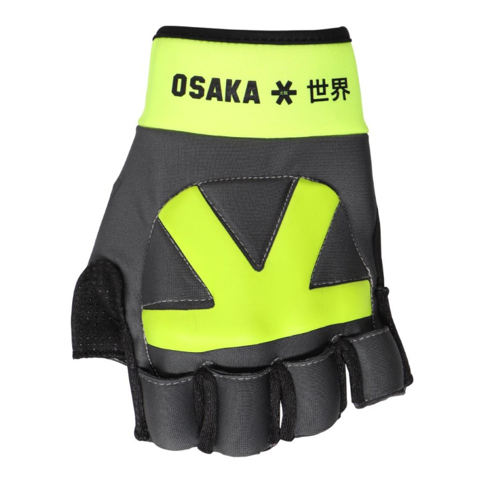 Osaka Armadillo 4.0 Glove - Grey (2024/25) - Osaka Armadillo 4.0 Glove in grey, back-of-hand view showing neon yellow cuff, logo panel and padded finger guards.