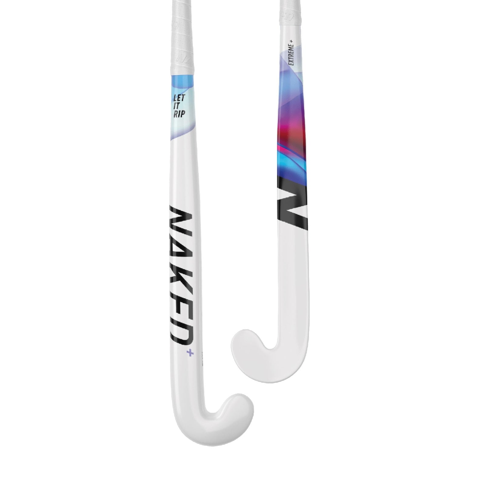 Naked Extreme Plus X-Late Bow Hockey Stick (2024/25) - Naked Extreme Plus X-Late Bow hockey stick, front and back views in white with black logo and multicolour graphics.