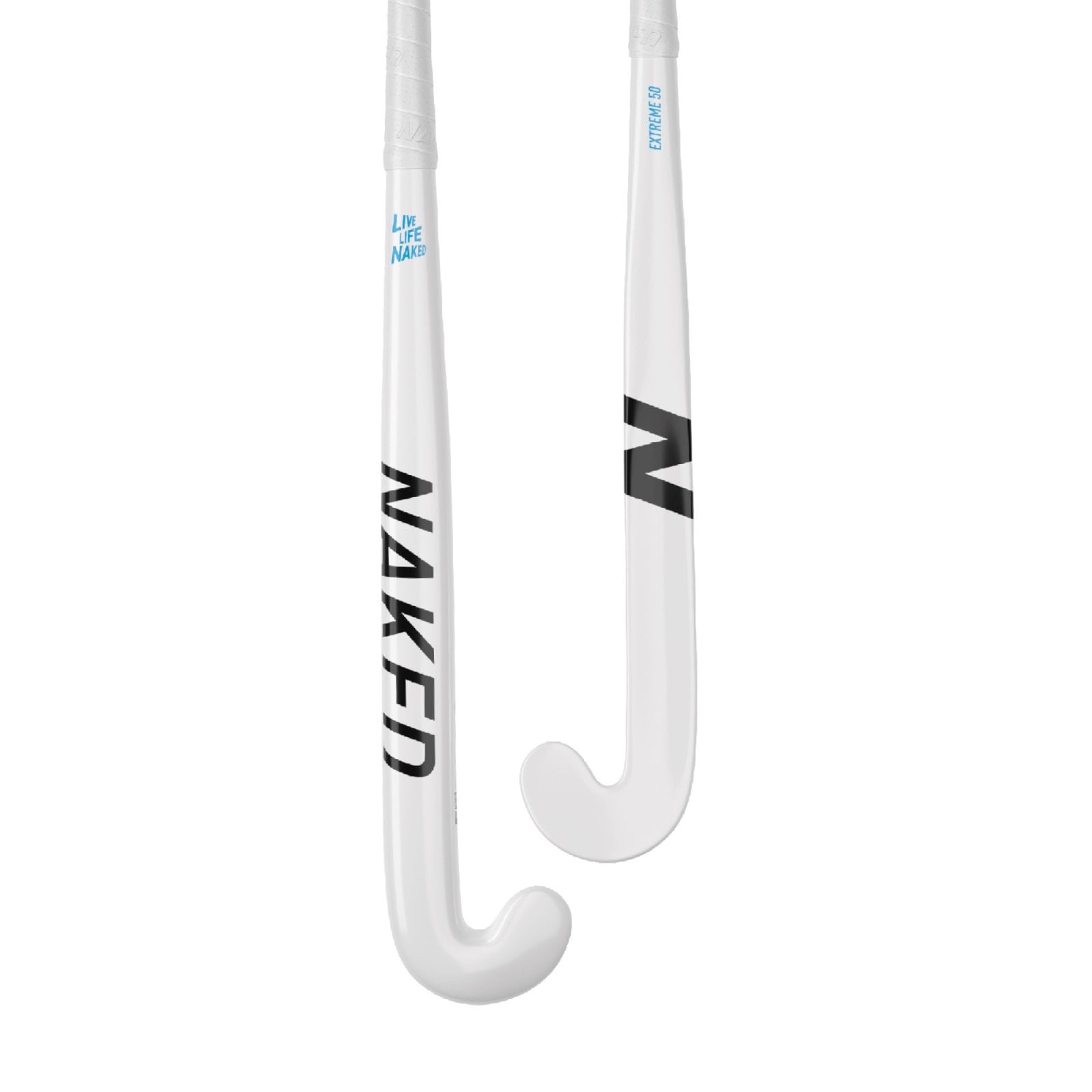 Naked Extreme 50 X-Late Bow Hockeyschläger (2024/25) - Naked Extreme 50 X-Late Bow hockey stick in white, front and back views showing black NAKED lettering and N logo.