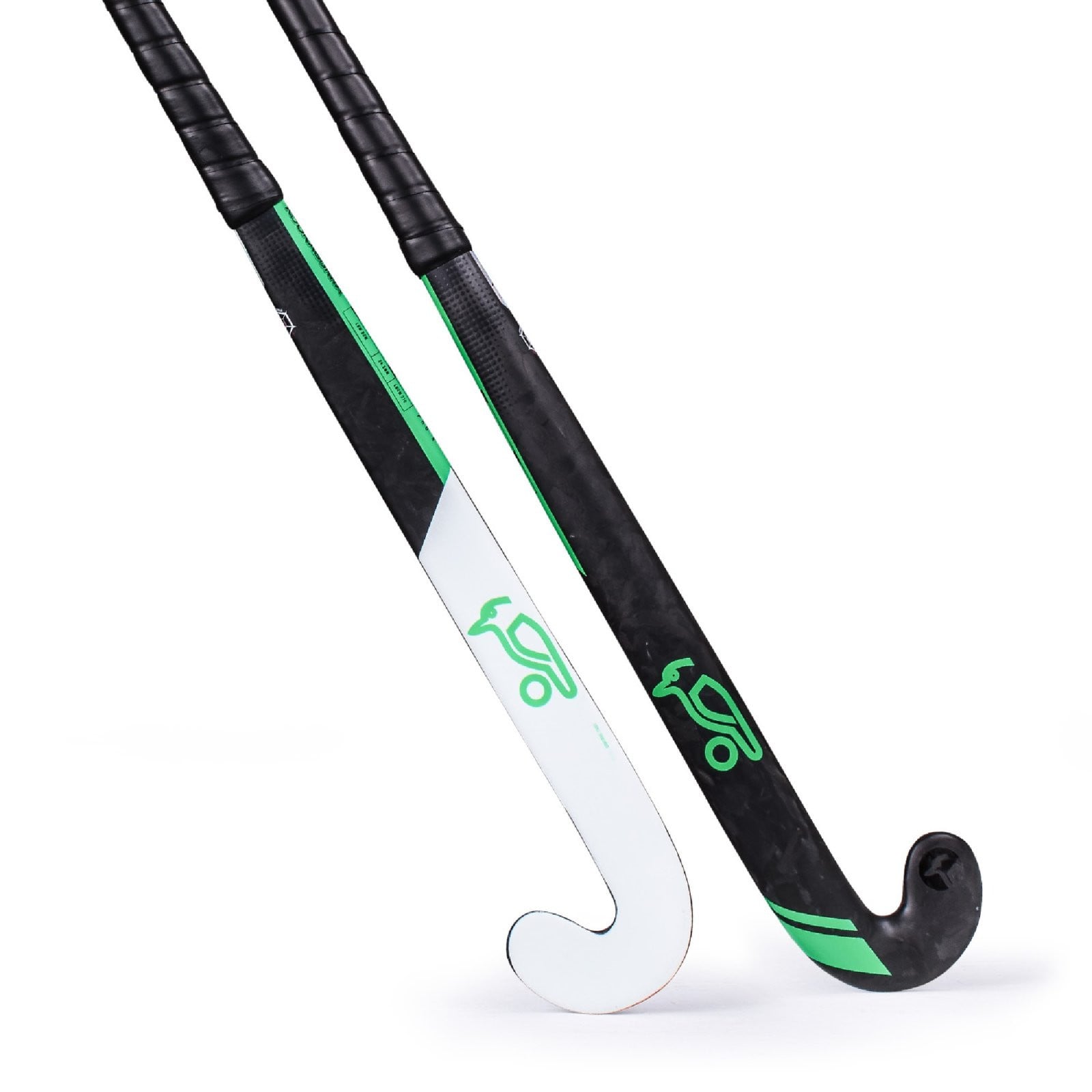 Kookaburra Pro X L-Bow Hockey Stick (2024/25) - Kookaburra Pro X L-Bow Hockey Stick in two views, white and black carbon heads with green logos and black grips.