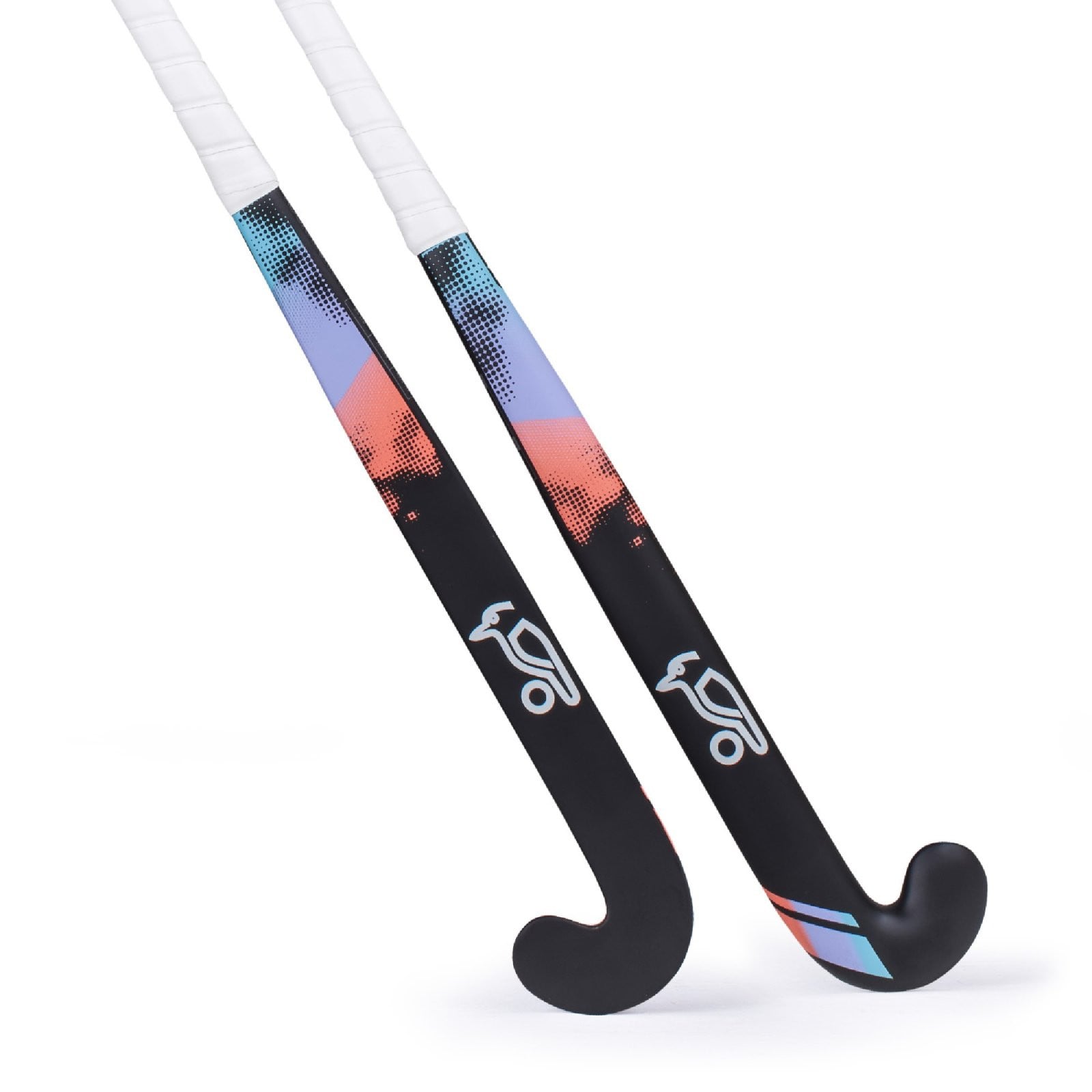 Kookaburra Echo M-Bow Hockey Stick (2024/25) - Two Kookaburra Echo M-Bow Hockey Sticks (2024/25) in black with coral, lilac and teal graphics and white grips.