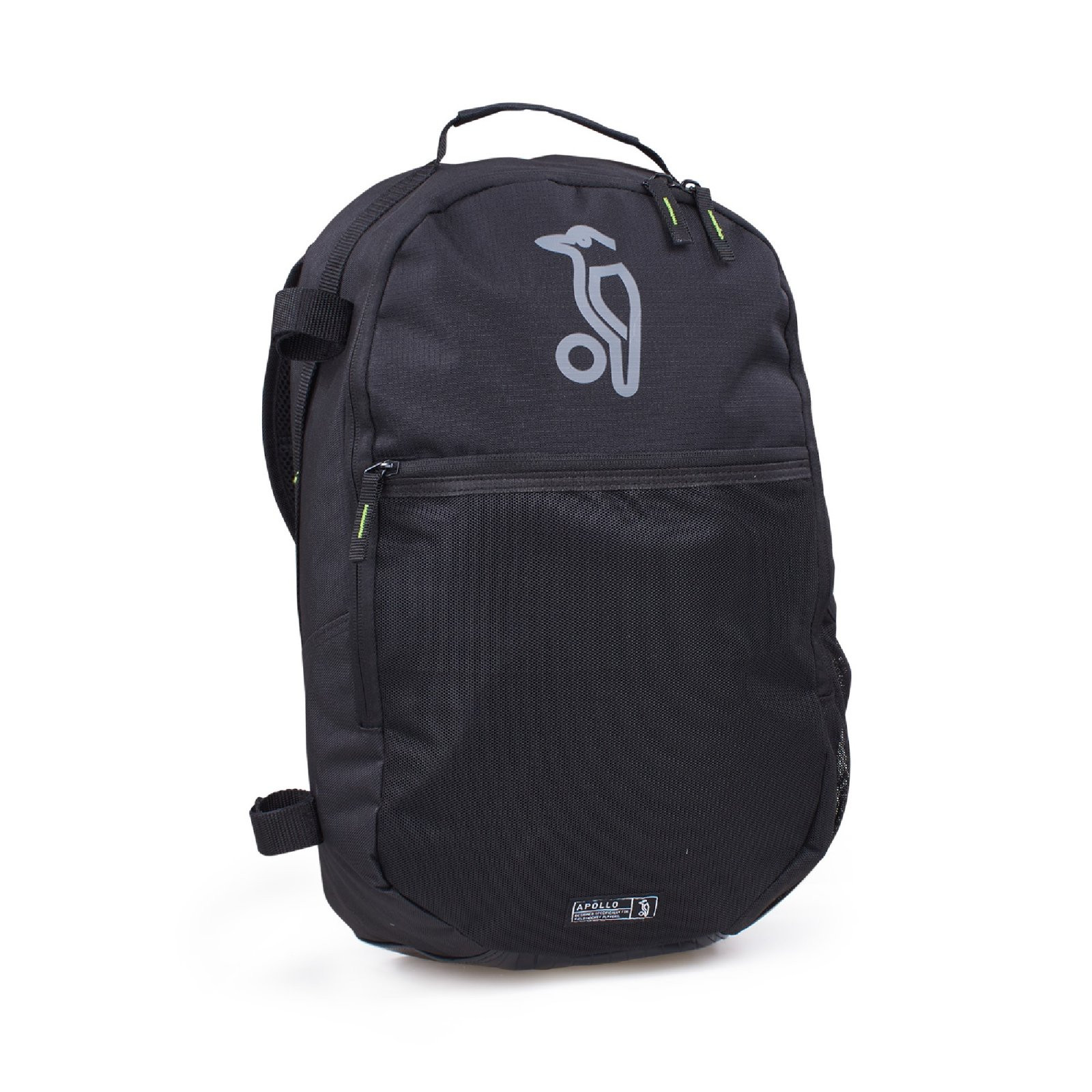 Kookaburra Apollo Rucksack - Black (2024/25) - Kookaburra Apollo Rucksack in black, angled front view showing grey logo, mesh front pocket and top handle.