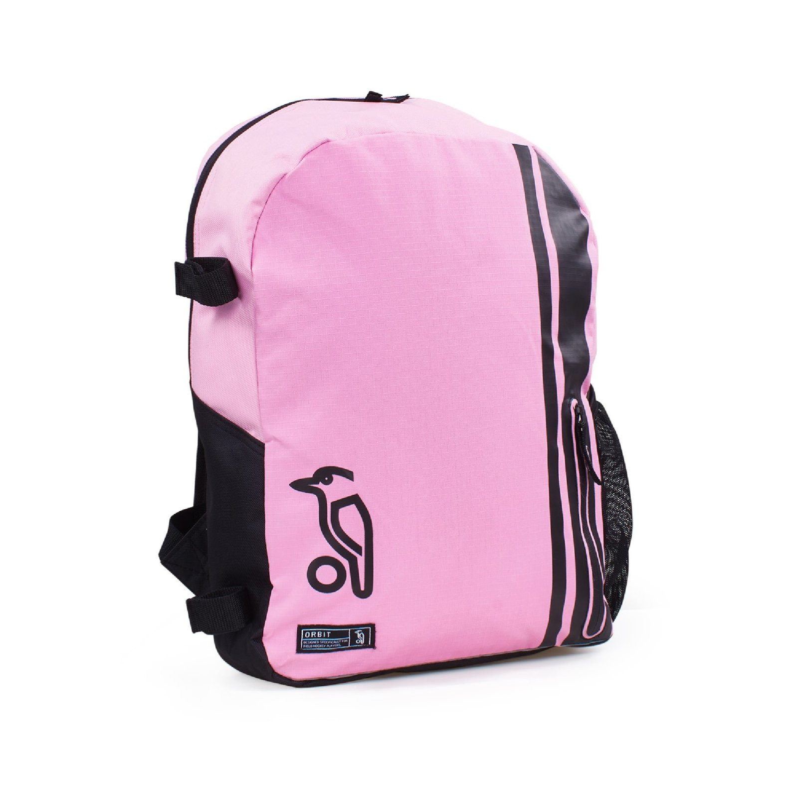 Kookaburra Orbit Rucksack - Pink (2024/25) - Kookaburra Orbit Rucksack in pink with black trim, front three-quarter view showing logo and mesh side pocket