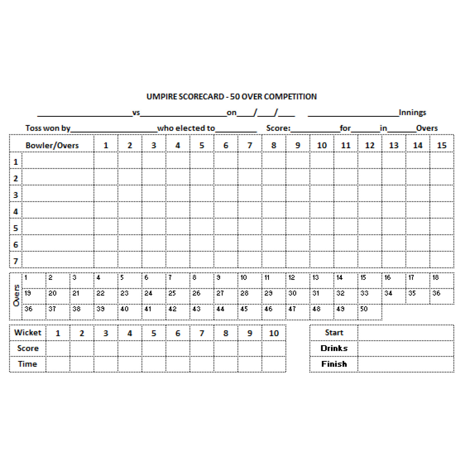 50 Over Cricket Umpires Match Cards (pack of 25) - 50 cartas de partido de árbitros de Cricket (paquete de 25) -
