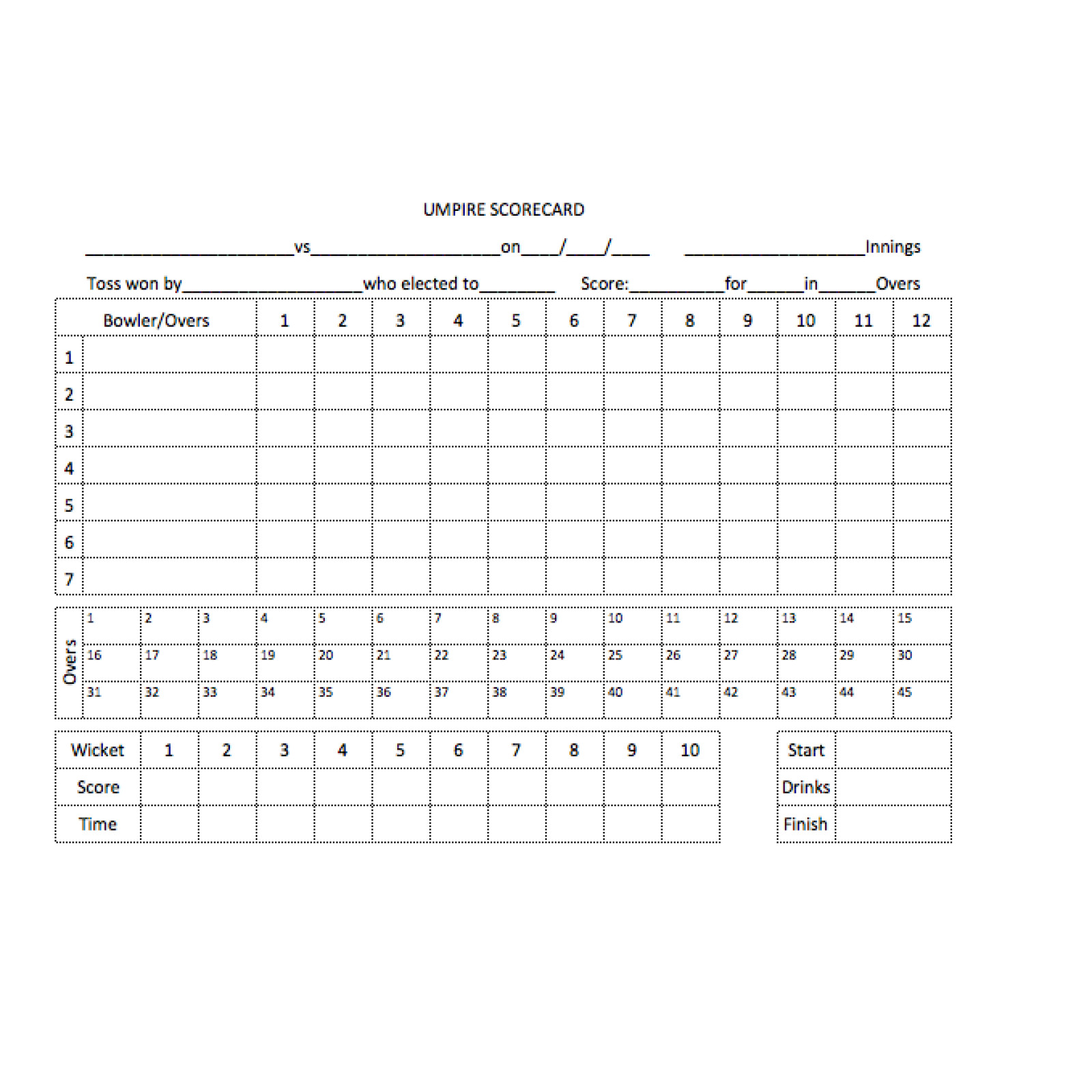 45 Over Cricket Umpires Match Cards (pack of 25) - 45 cartes de match des arbitres de cricket (paquet de 25) -