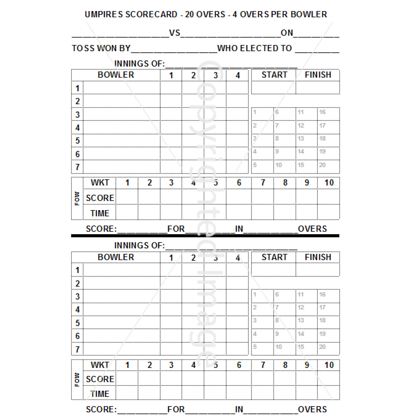 20 Over Cricket Umpires Match Cards (pack of 25)