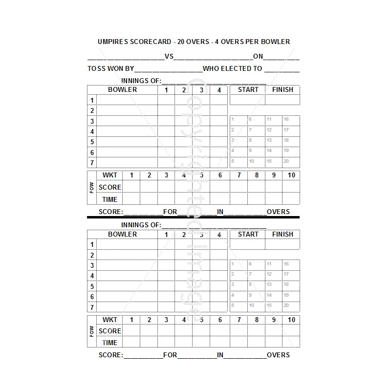 20 Over Cricket Umpires Match Cards (pack of 25)