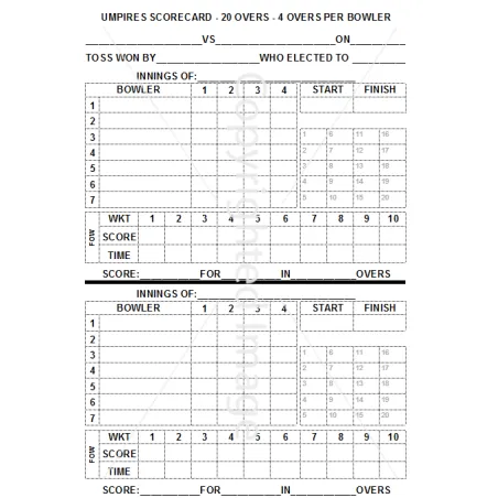 20 cartes de match des arbitres de cricket (paquet de 25) -