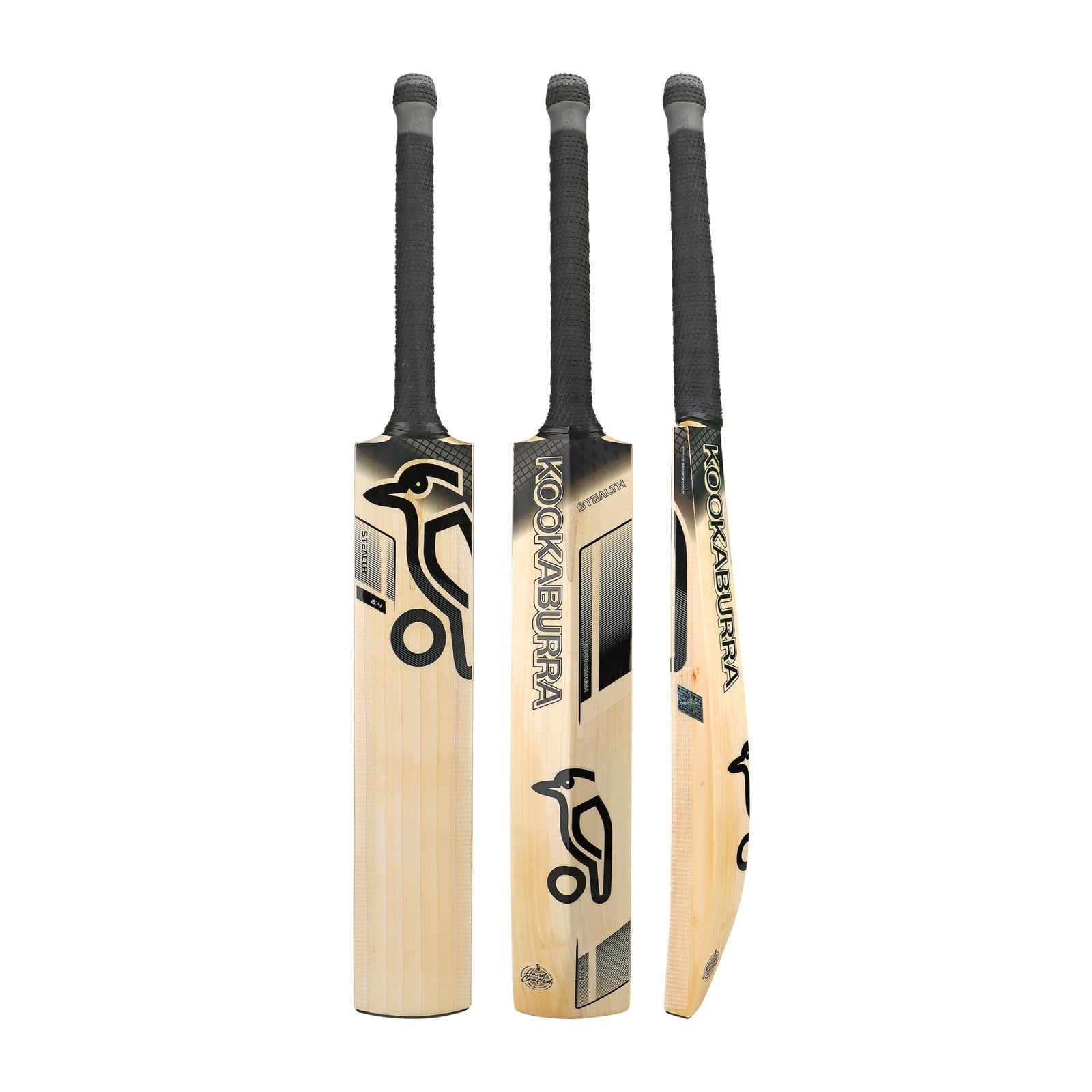 Kookaburra Stealth 6.4 Cricket Bat (2025) front, back and side views in pale willow with black grip and logos.