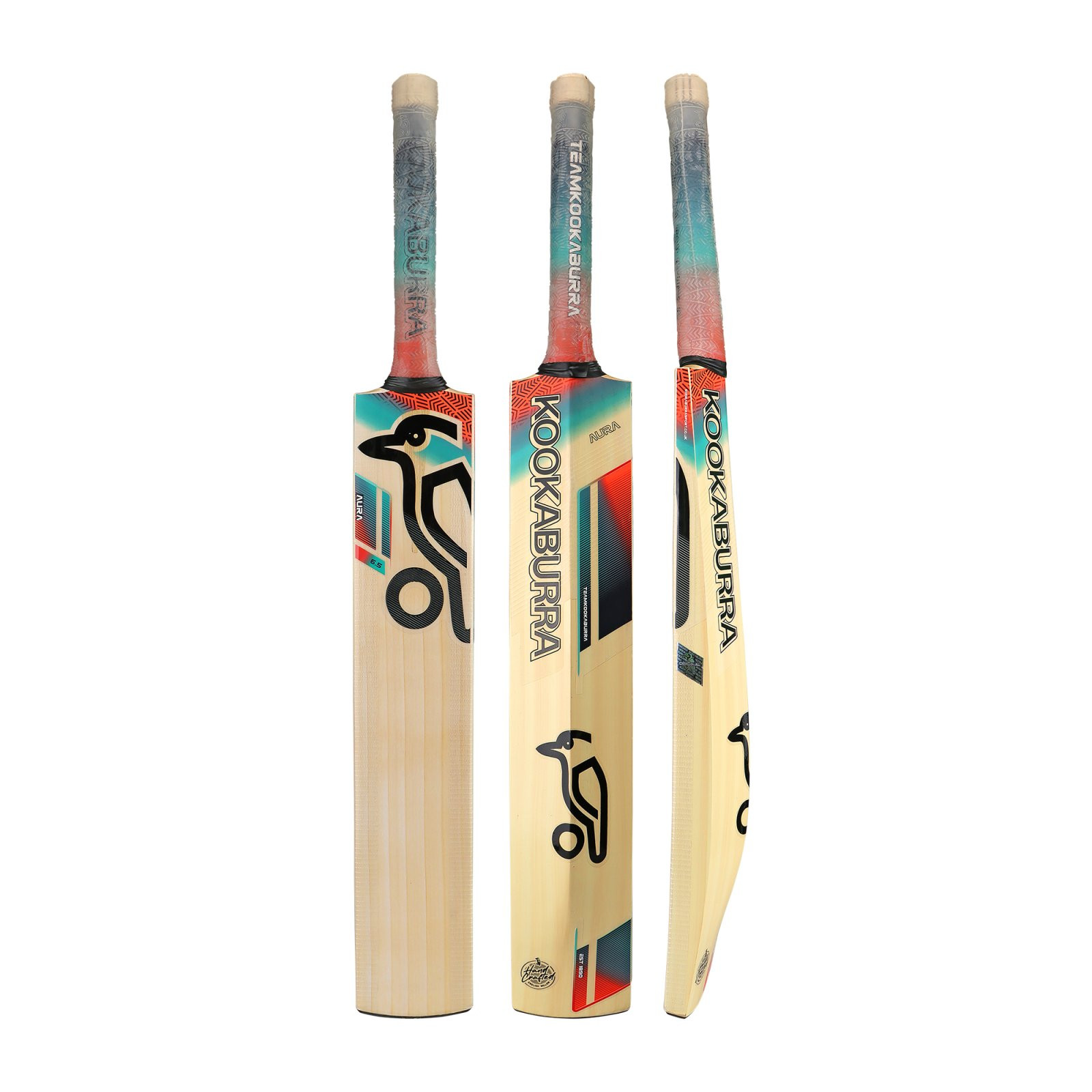 Kookaburra Aura 6.5 Junior Cricket Bat (2025) shown from front, back and edge, with teal, coral and black graphics.