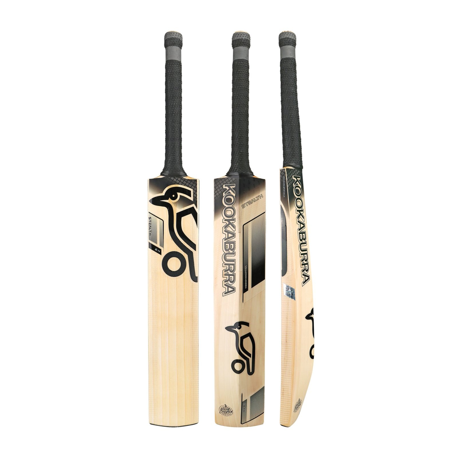 Kookaburra Stealth 6.4 Junior Cricket Bat (2025) - Kookaburra Stealth 6.4 Junior Cricket Bat shown from front, back and side, with black graphics and black grip.