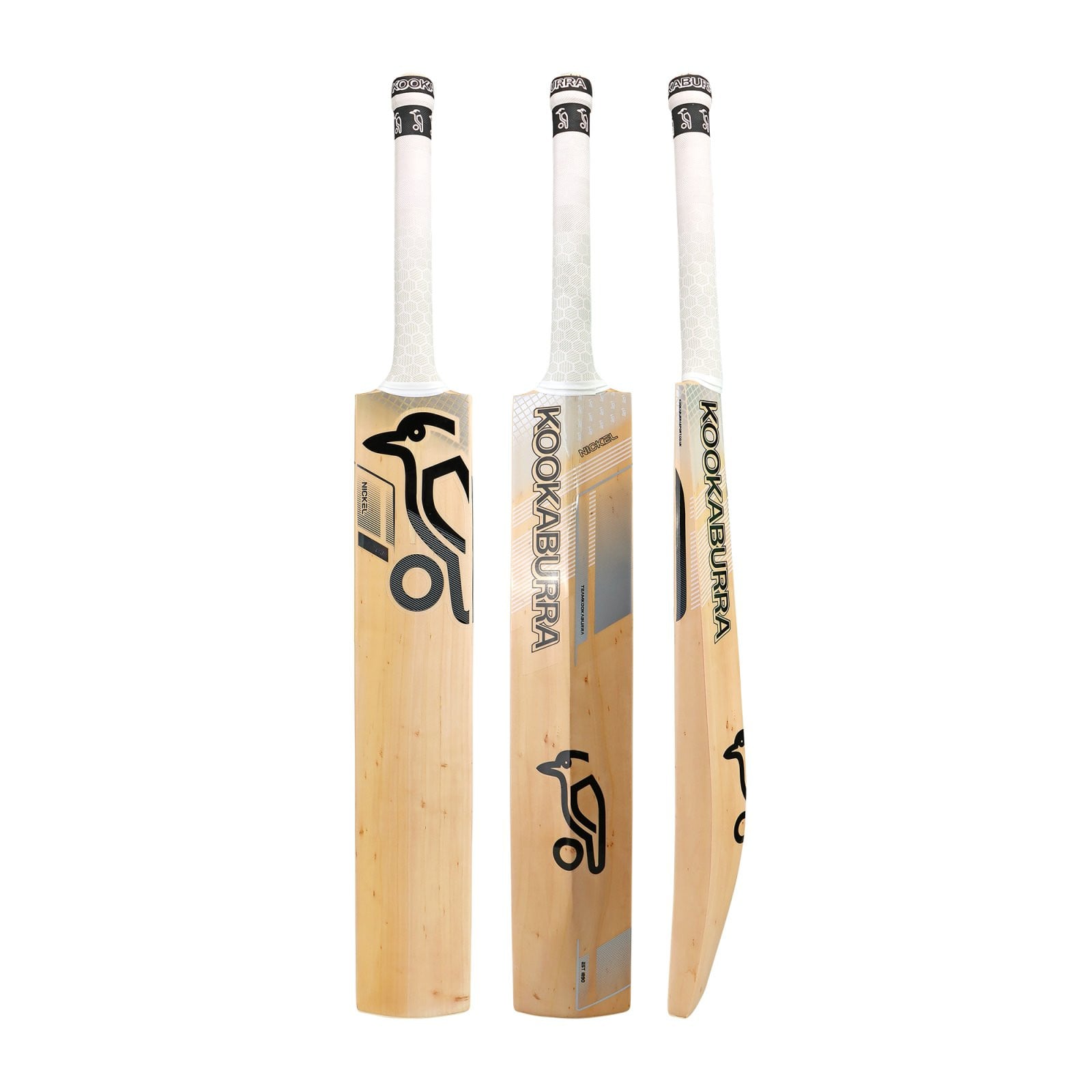 Kookaburra Nickel 8.1 Cricket Bat (2025) shown front, back and side with black and grey branding and white grip.
