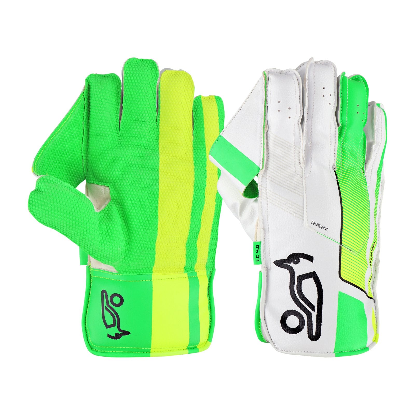 Kookaburra LC 4.0 Wicket Keeping Gloves (2025) pair showing green and yellow palm and white back with green accents.
