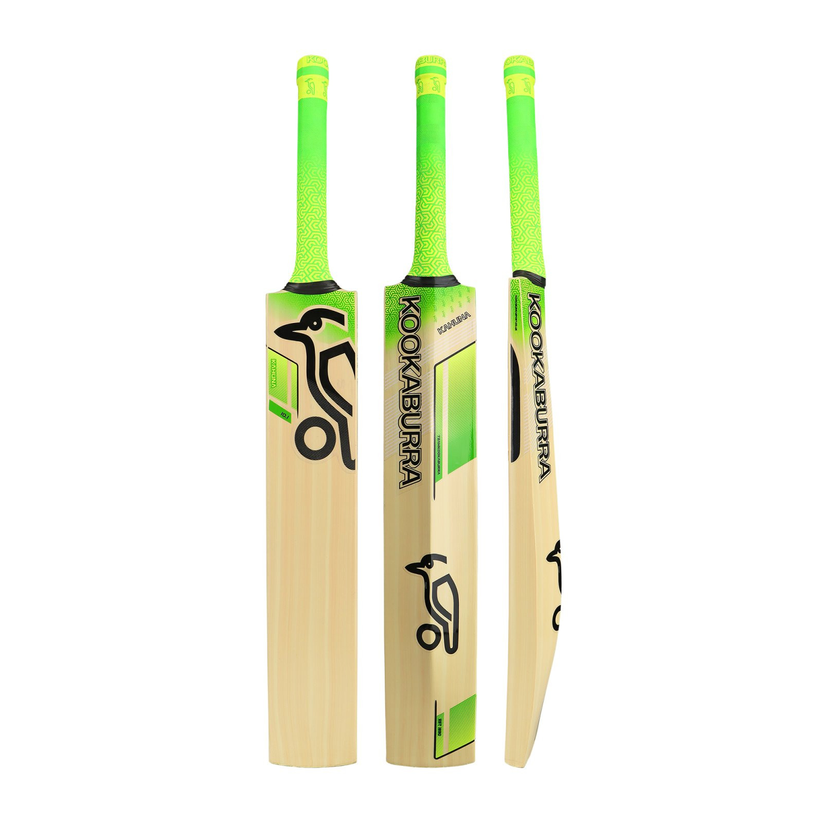 Kookaburra Kahuna 10.1 Junior Cricket Bat (2025) from front, back and side with lime green grip and black logo.