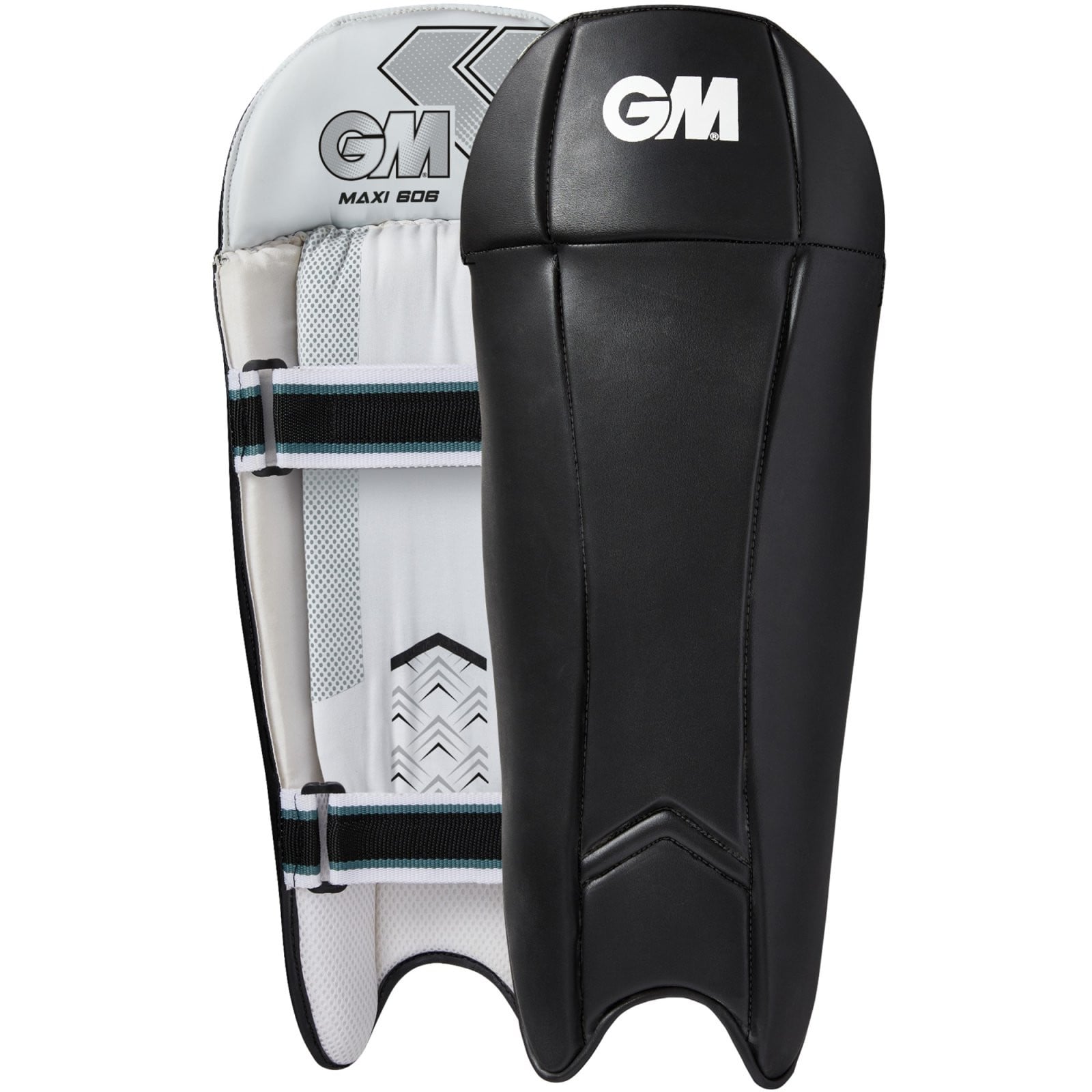 GM Maxi 606 Black Wicket Keeping Pads (2025) - GM Maxi 606 Black Wicket Keeping Pads: black front with white GM logo and white inner side with black straps.