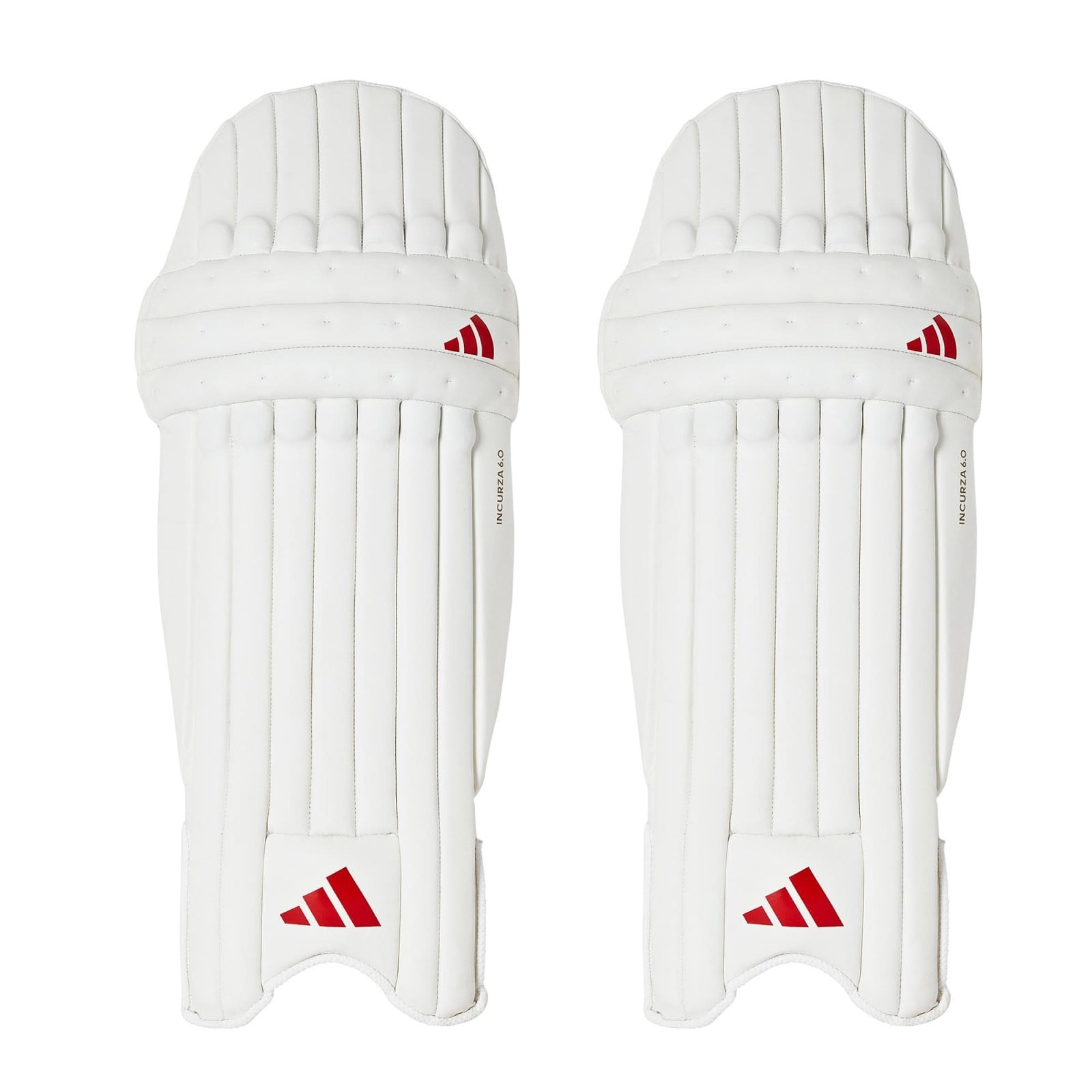 Protezioni da cricket Adidas Incurza 6.0 (2025) - Adidas Incurza 6.0 Cricket Pads (2025), front view of the white pair with red logos on the knee rolls and shins.