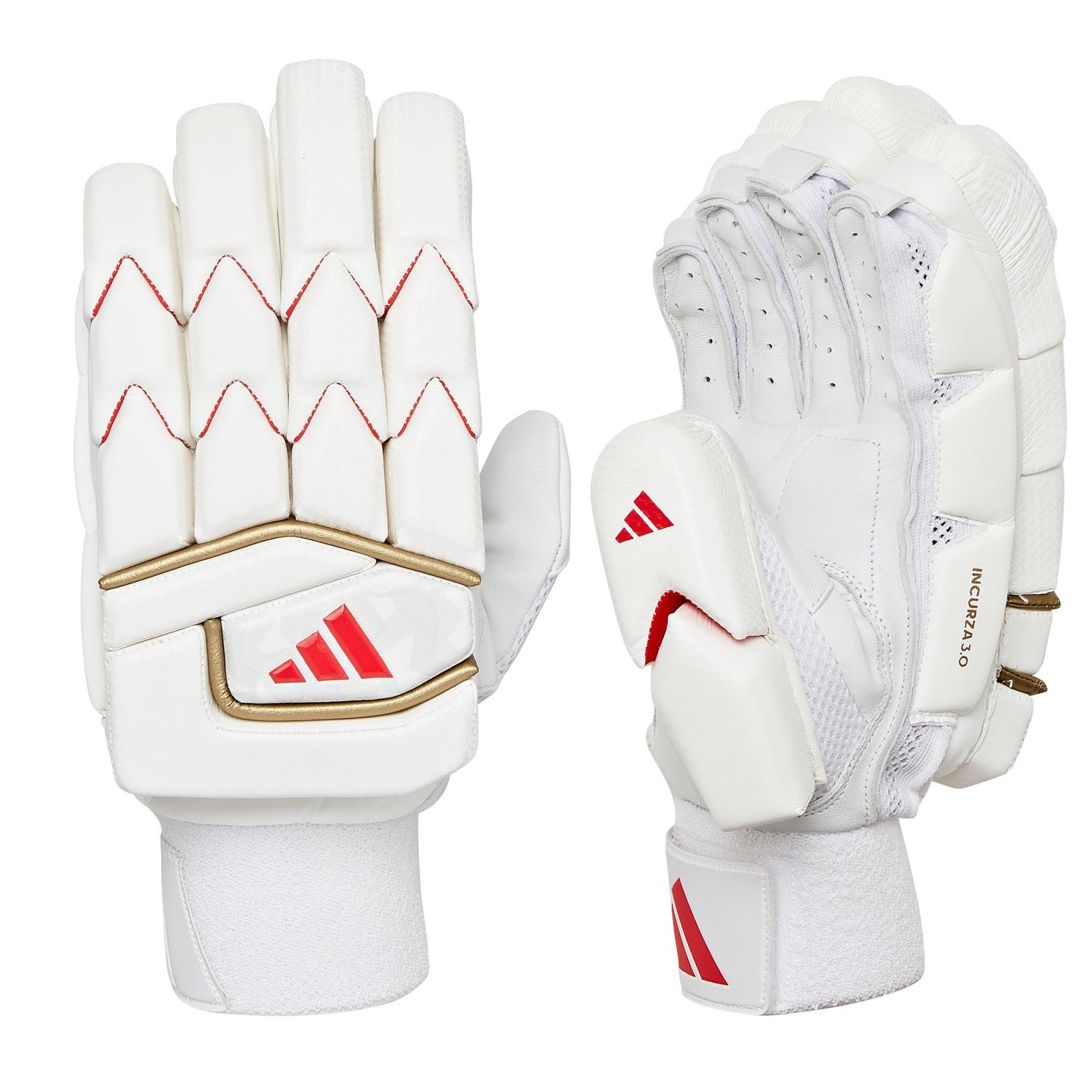 Guantes de críquet Adidas Incurza 3.0 (2025) - Adidas Incurza 3.0 Cricket Gloves (2025) in white with red and gold trim, shown from the back and palm side.