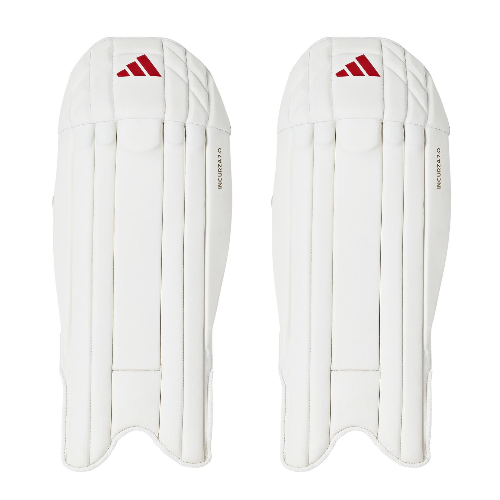 Protectores de portería Adidas Incurza 2.0 (2025) - Adidas Incurza 2.0 Wicket Keeping Pads (2025), front view of the white pair with red Adidas logos at the knee.