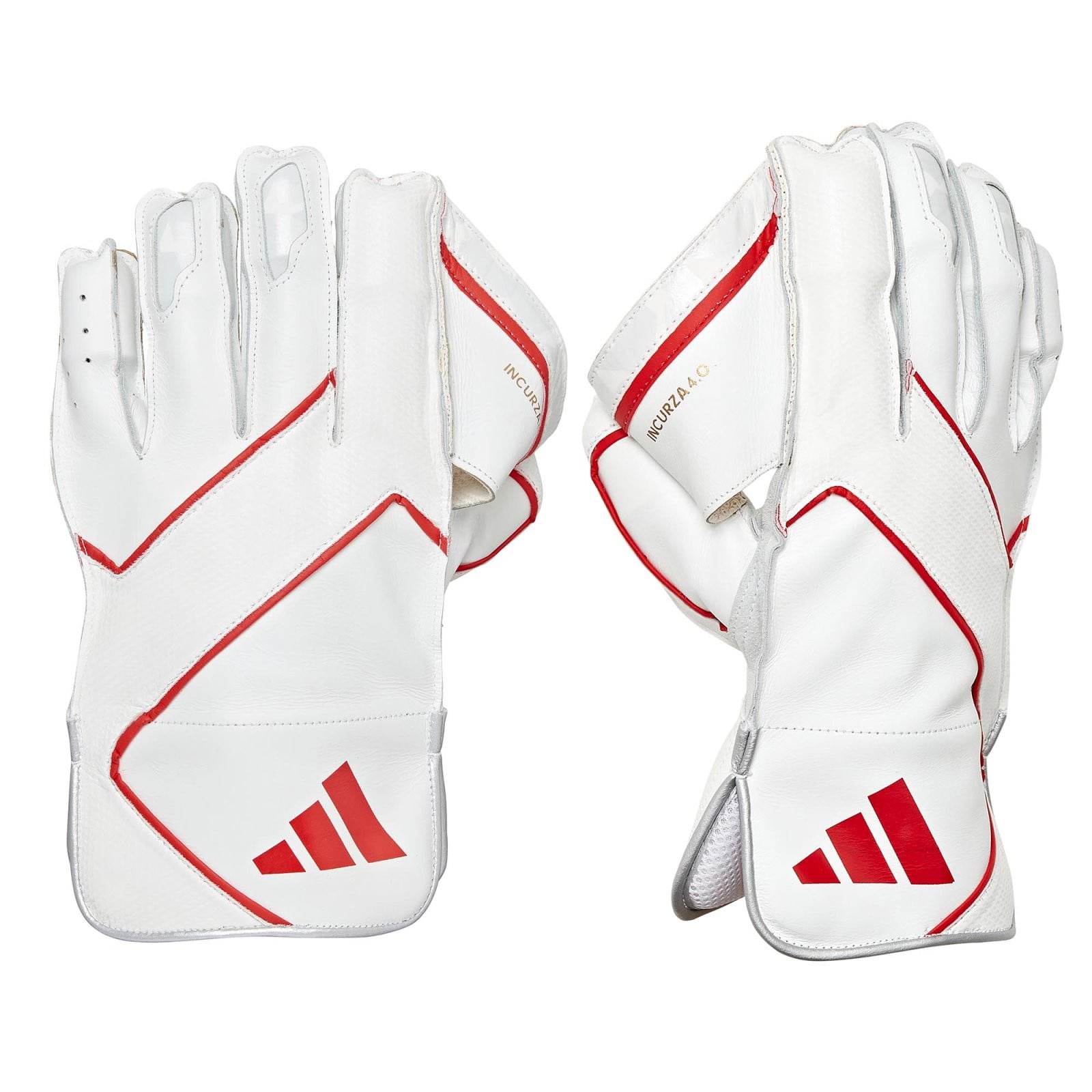 Adidas Incurza 4.0 Wicket Keeping Gloves (2025) pair in white with red trim and red logo, shown from the back