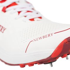 Newbery 360 Junior Spike Cricket Shoes - White/Red (2025) - Close-up