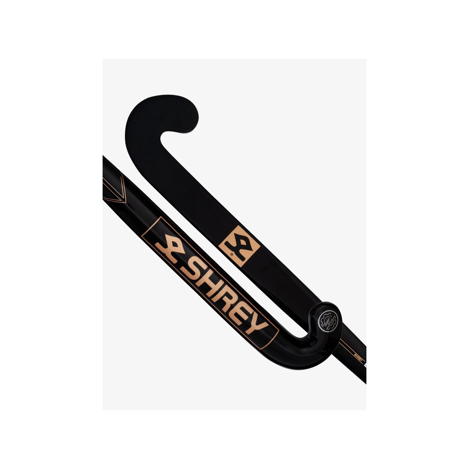 Shrey Chroma 100 Late Bow Pro Indoor Hockeystick (2025/26) - Shrey Chroma 100 Late Bow Pro Indoor Hockey Stick in black with copper Shrey logo, showing the curved head and shaft.