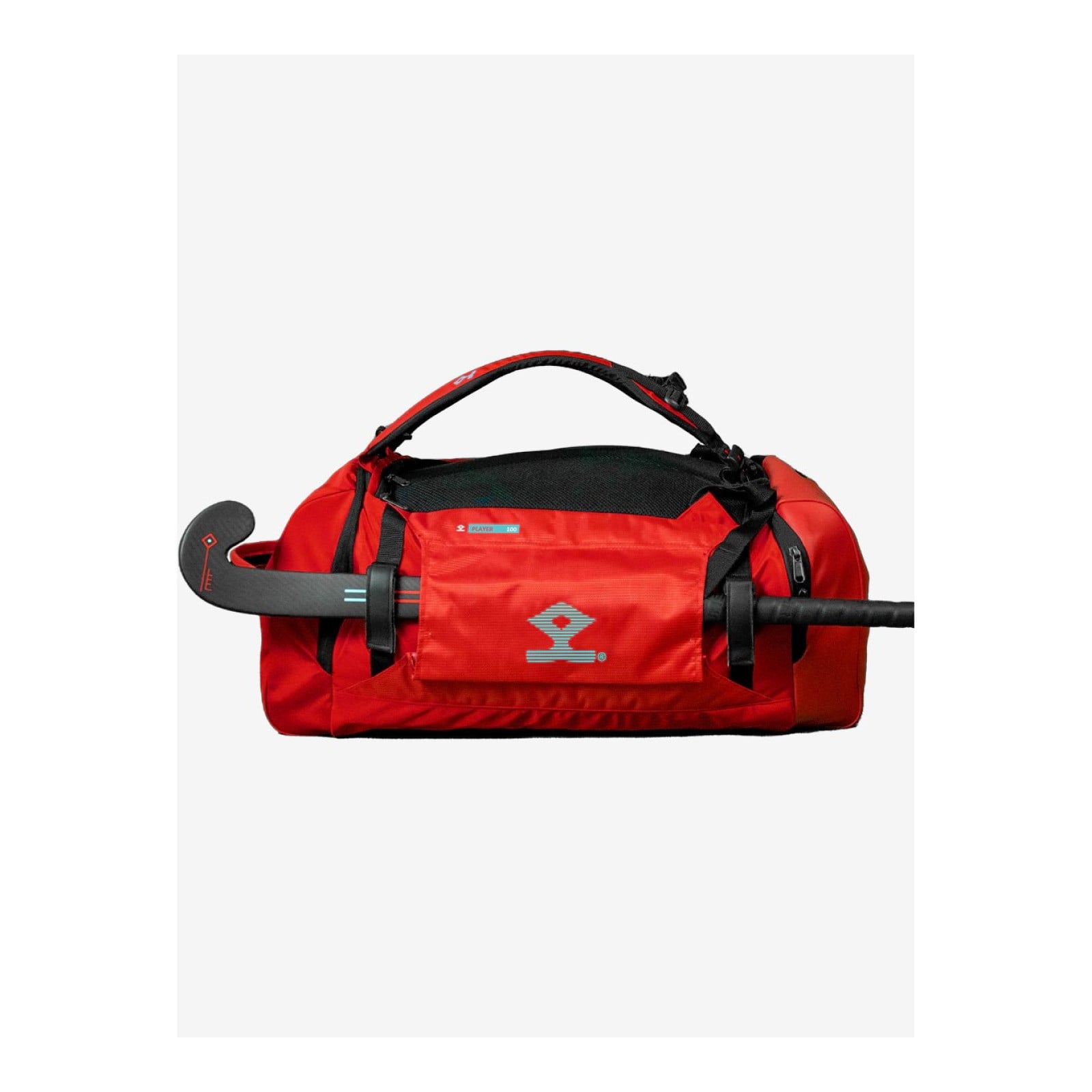 Shrey Holdall 2.0 Player Bag - Red (2025/26) - Shrey Holdall 2.0 Player Bag in red with black straps, front view with a hockey stick strapped across it.